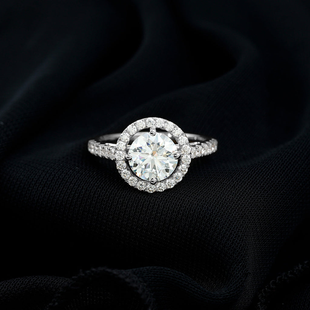 Certified Moissanite Halo Engagement Ring with Side Stones