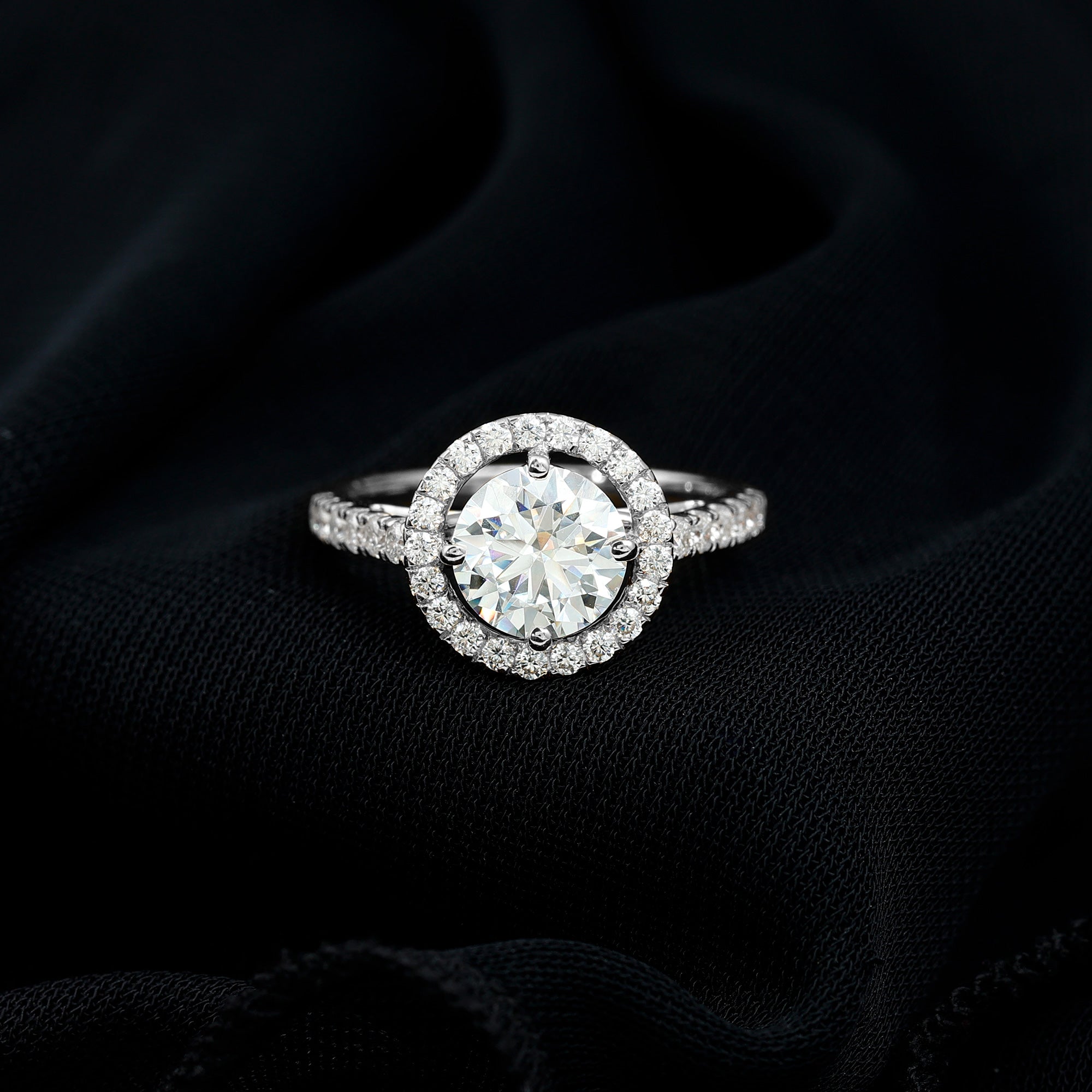 Certified Moissanite Halo Engagement Ring with Side Stones