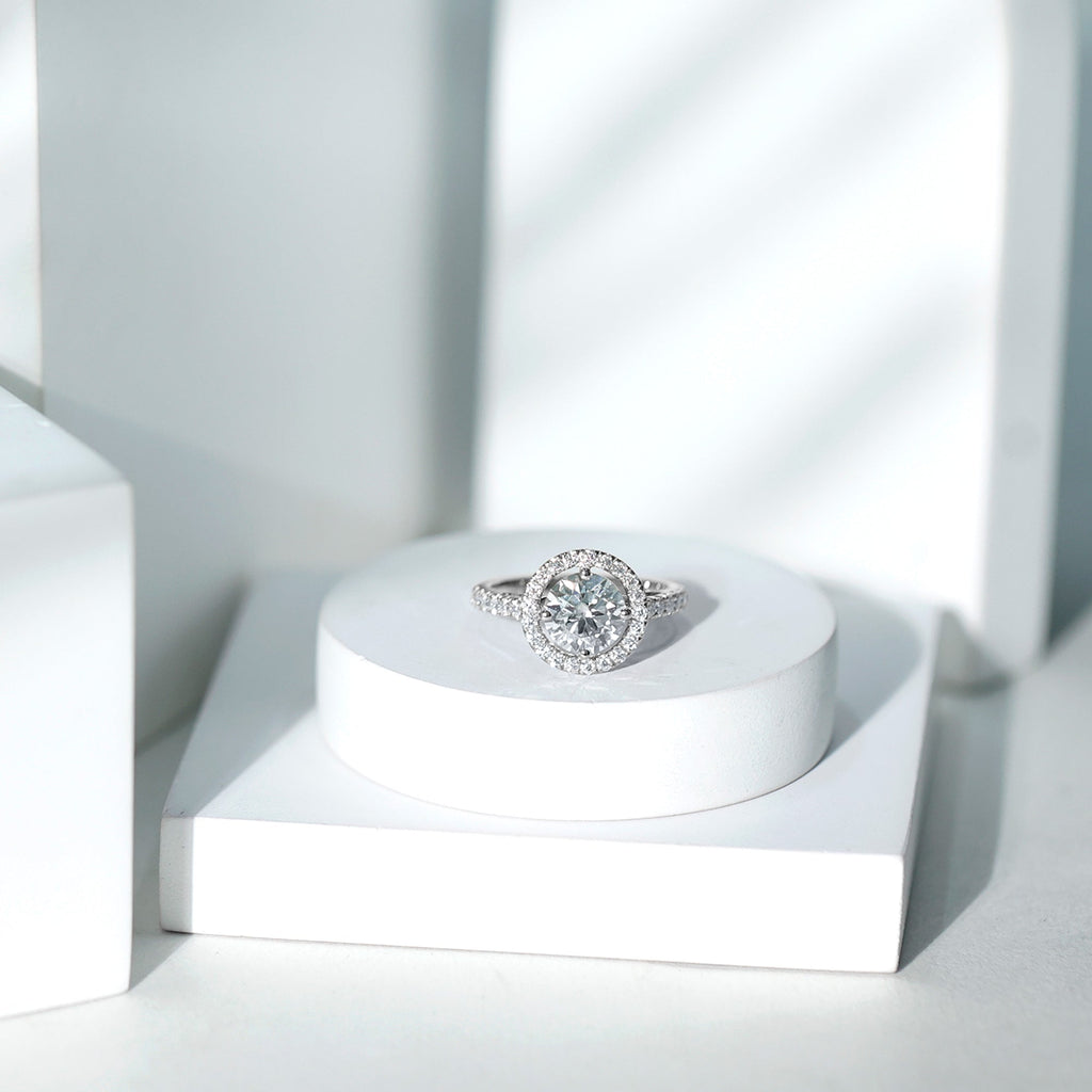 Certified Moissanite Halo Engagement Ring with Side Stones