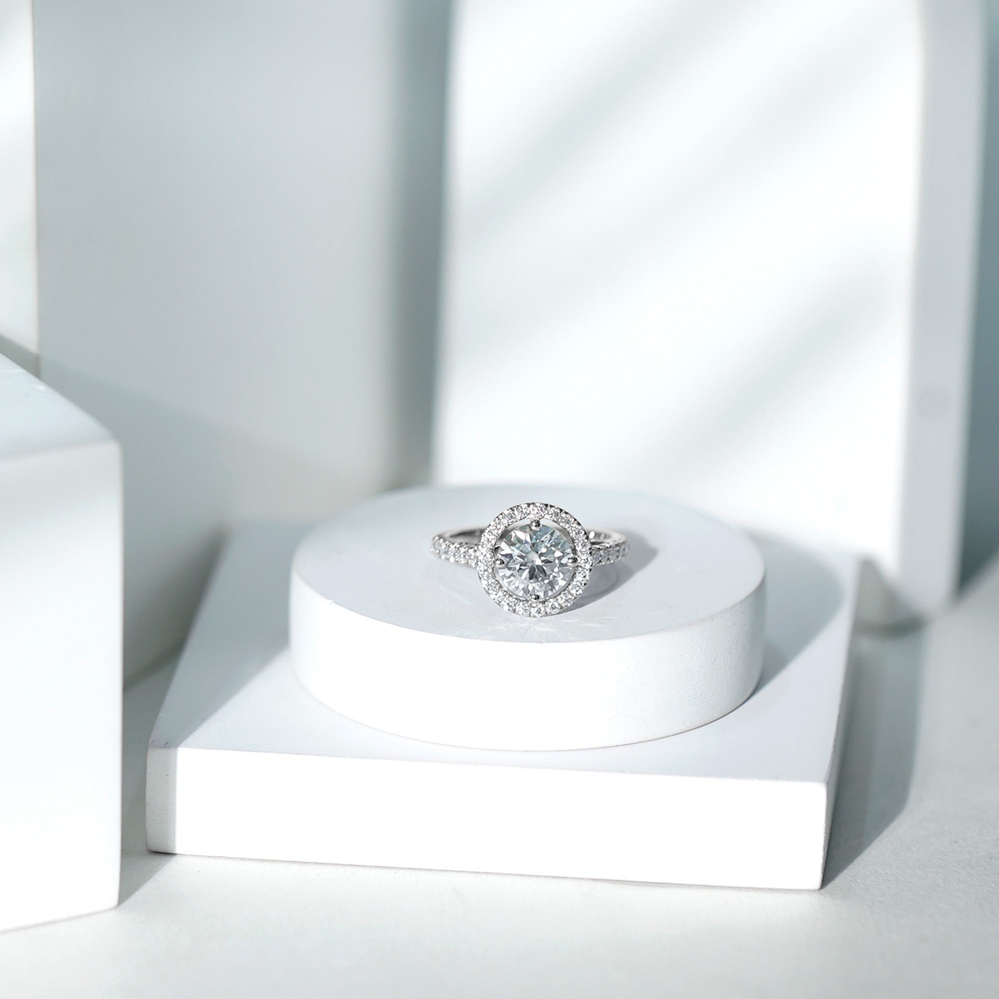 Certified Moissanite Halo Engagement Ring with Side Stones