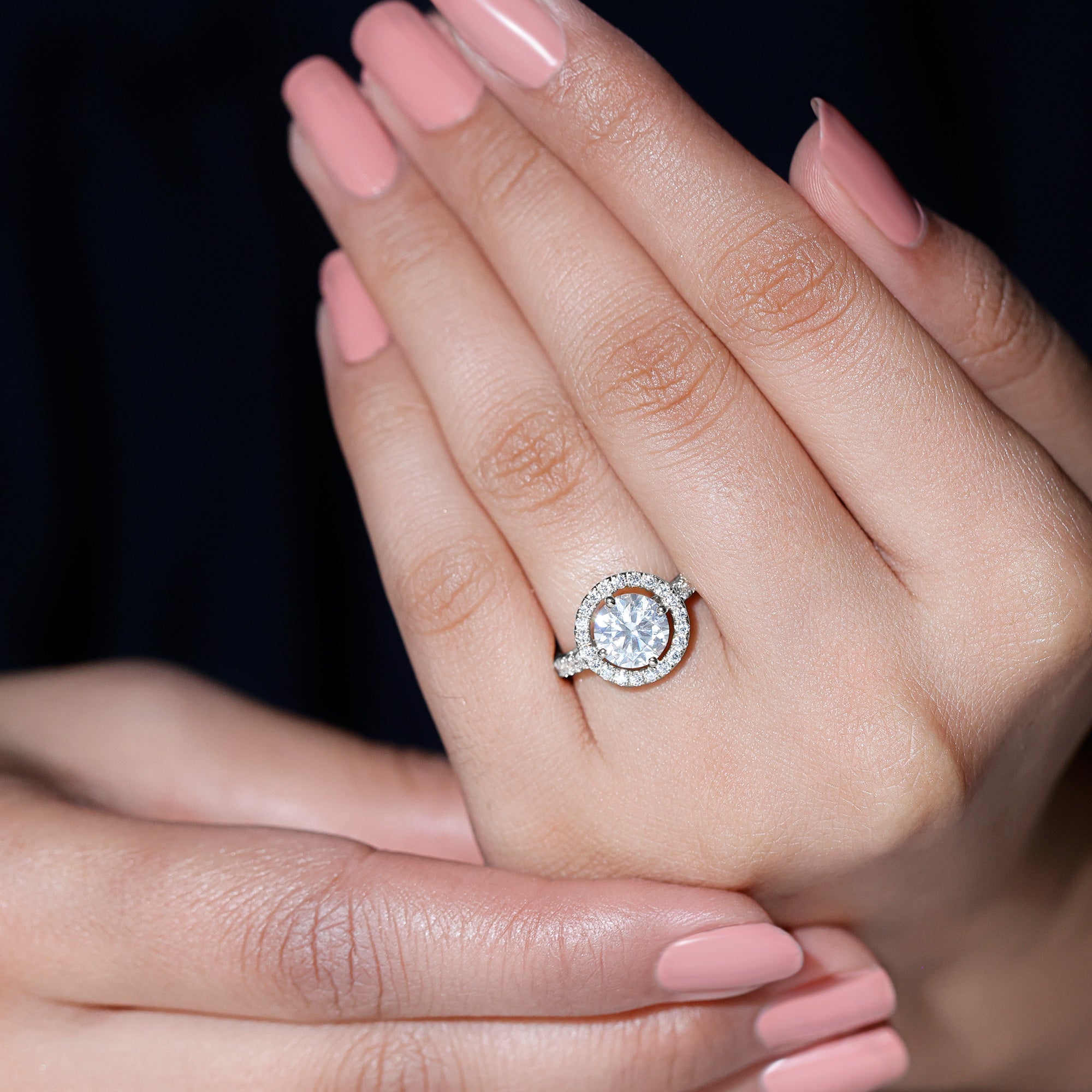 Certified Moissanite Halo Engagement Ring with Side Stones