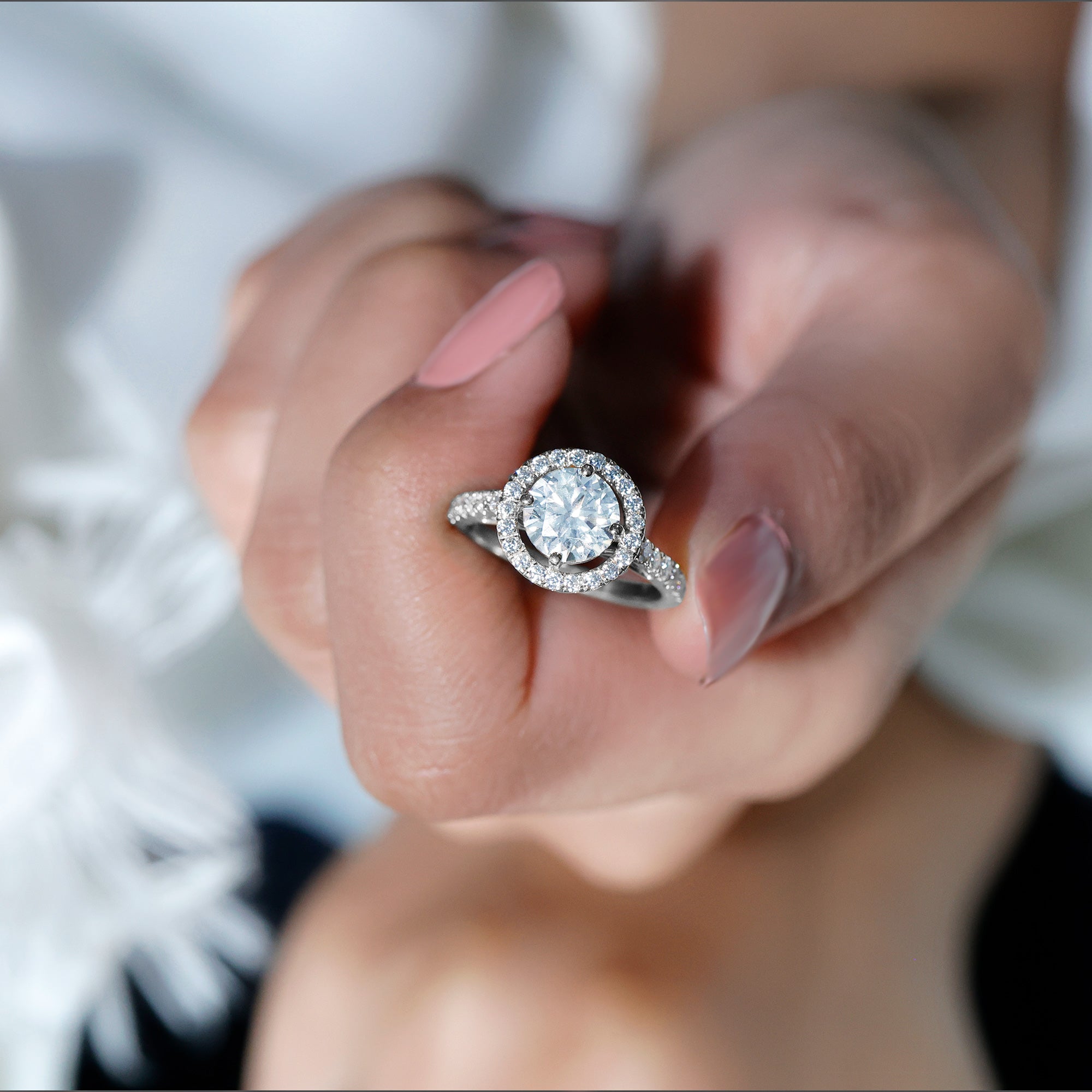 Certified Moissanite Halo Engagement Ring with Side Stones