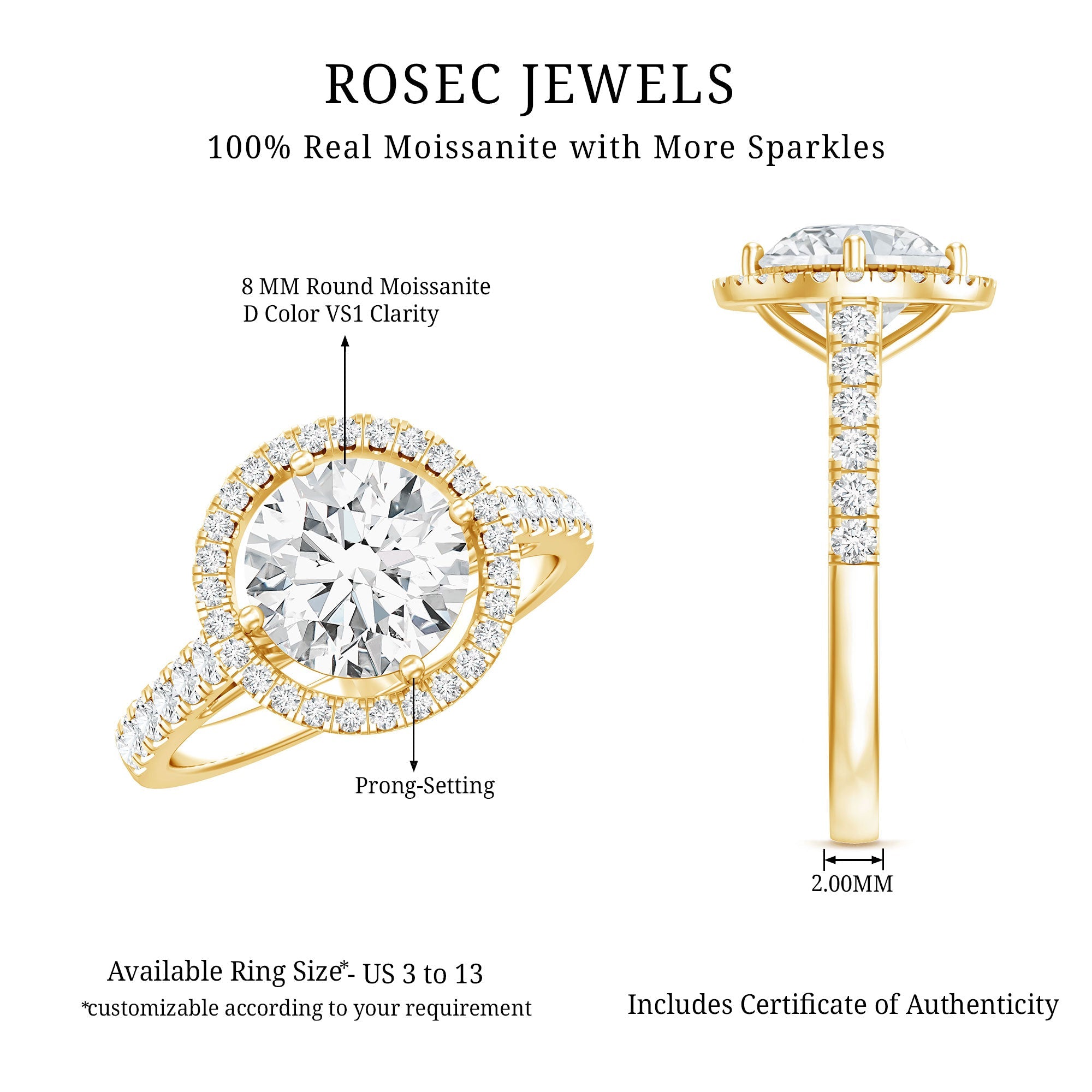 Certified Moissanite Halo Engagement Ring with Side Stones