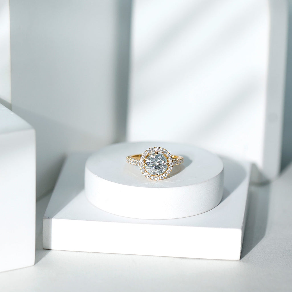 Certified Moissanite Halo Engagement Ring with Side Stones