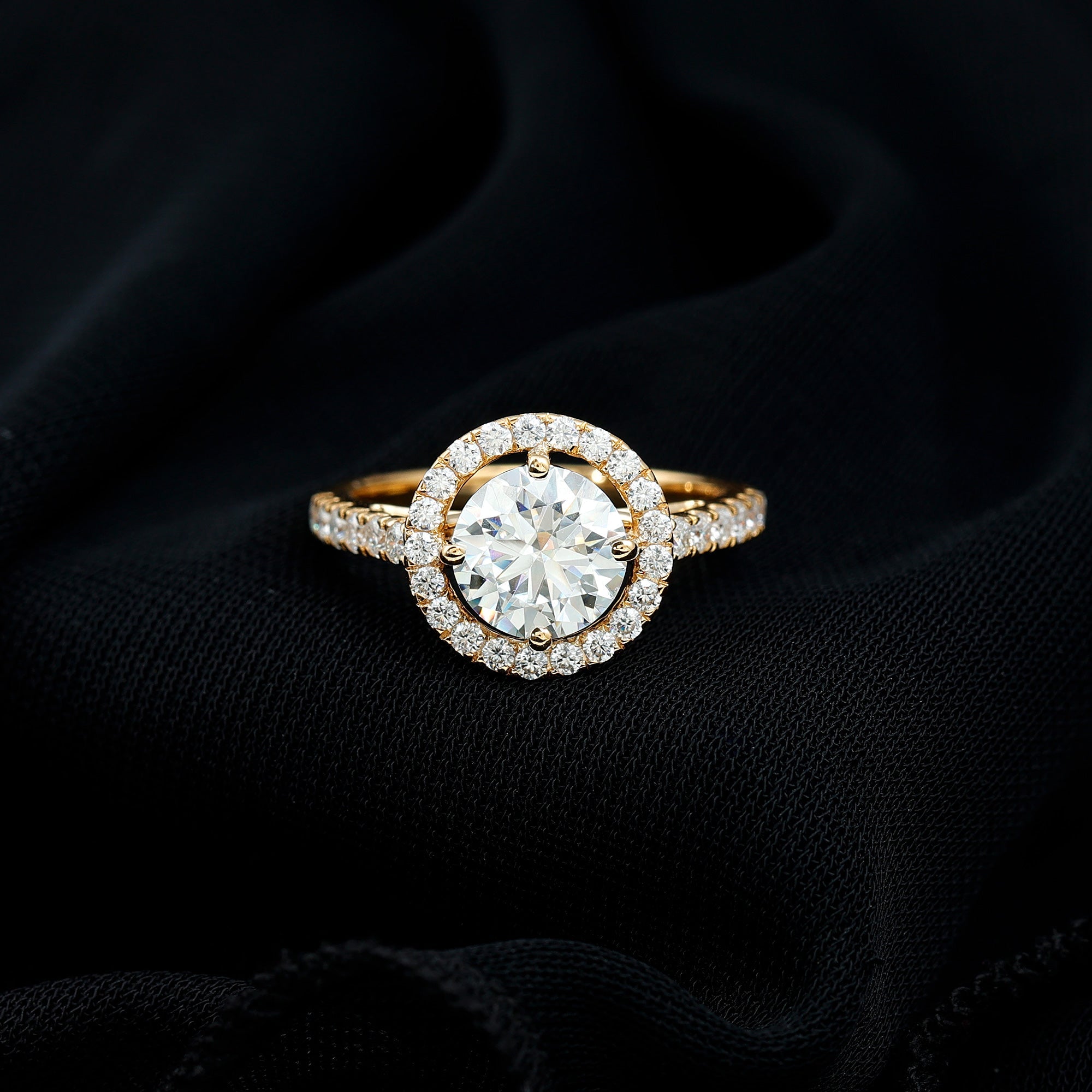 Certified Moissanite Halo Engagement Ring with Side Stones