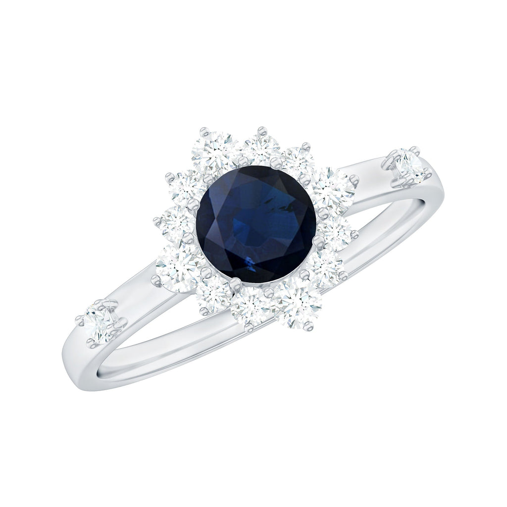 Round Blue Sapphire Classic Halo Engagement Ring with Diamond