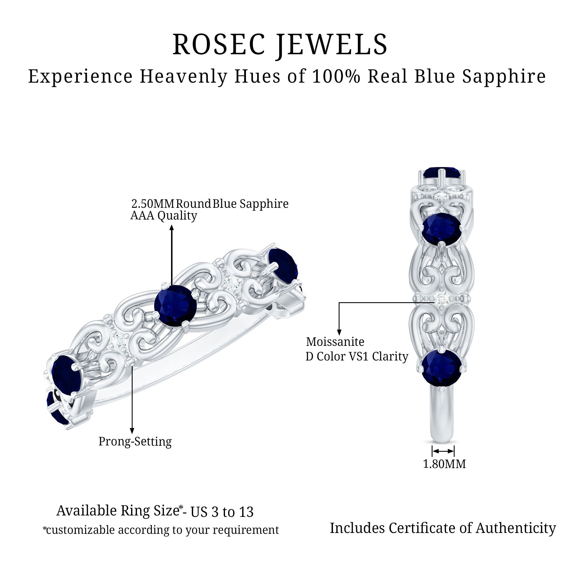 Blue Sapphire and Moissanite Vintage Stackable Ring