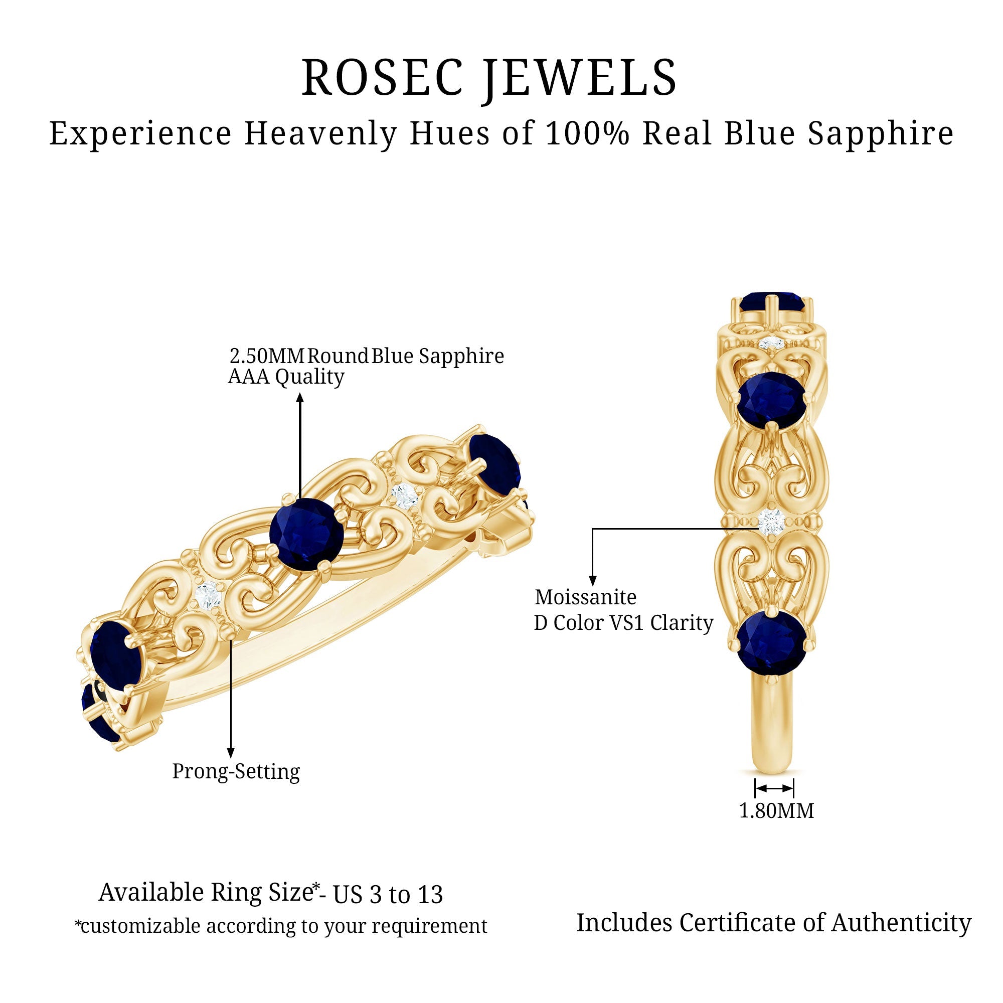 Blue Sapphire and Moissanite Vintage Stackable Ring