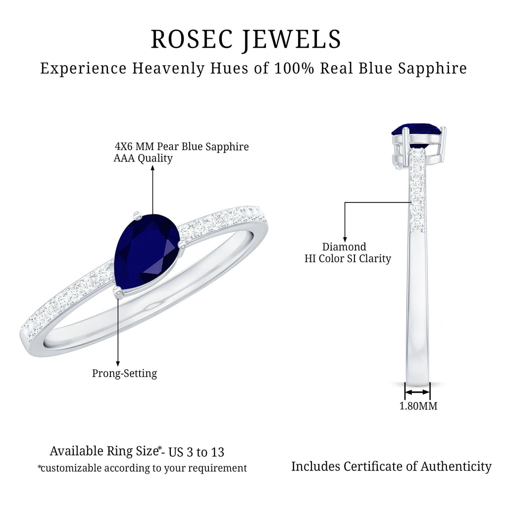 Pear Cut Blue Sapphire Solitaire Ring with Diamond Side Stones