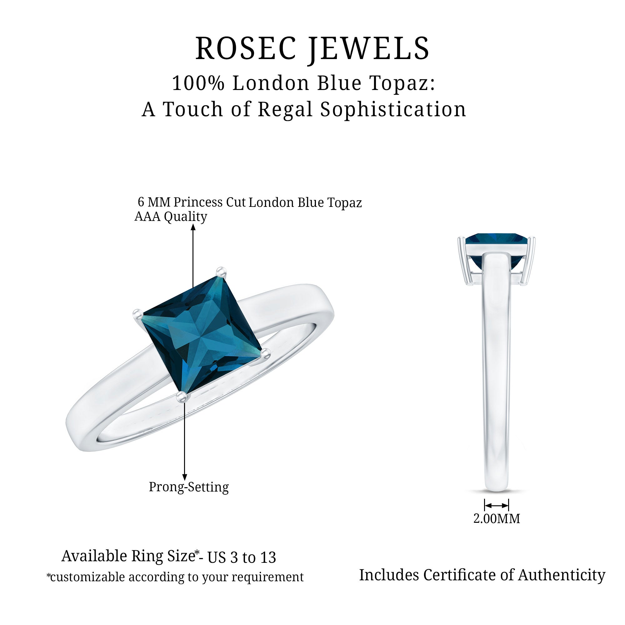 6mm Square Cut London Blue Topaz Solitaire Ring
