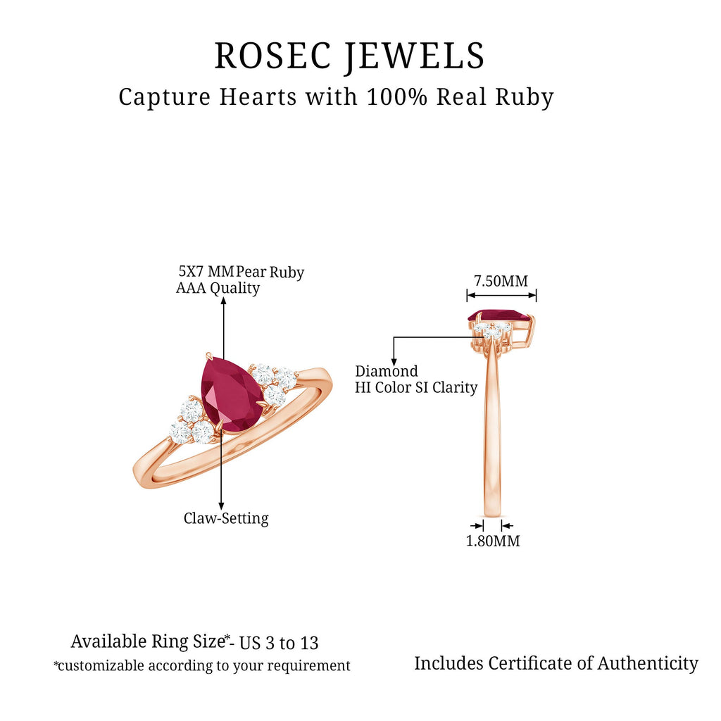 Claw Set Pear Cut Ruby Engagement Ring with Diamond Trio