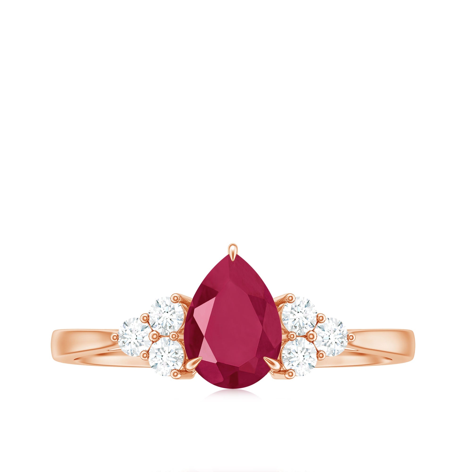 Claw Set Pear Cut Ruby Engagement Ring with Diamond Trio