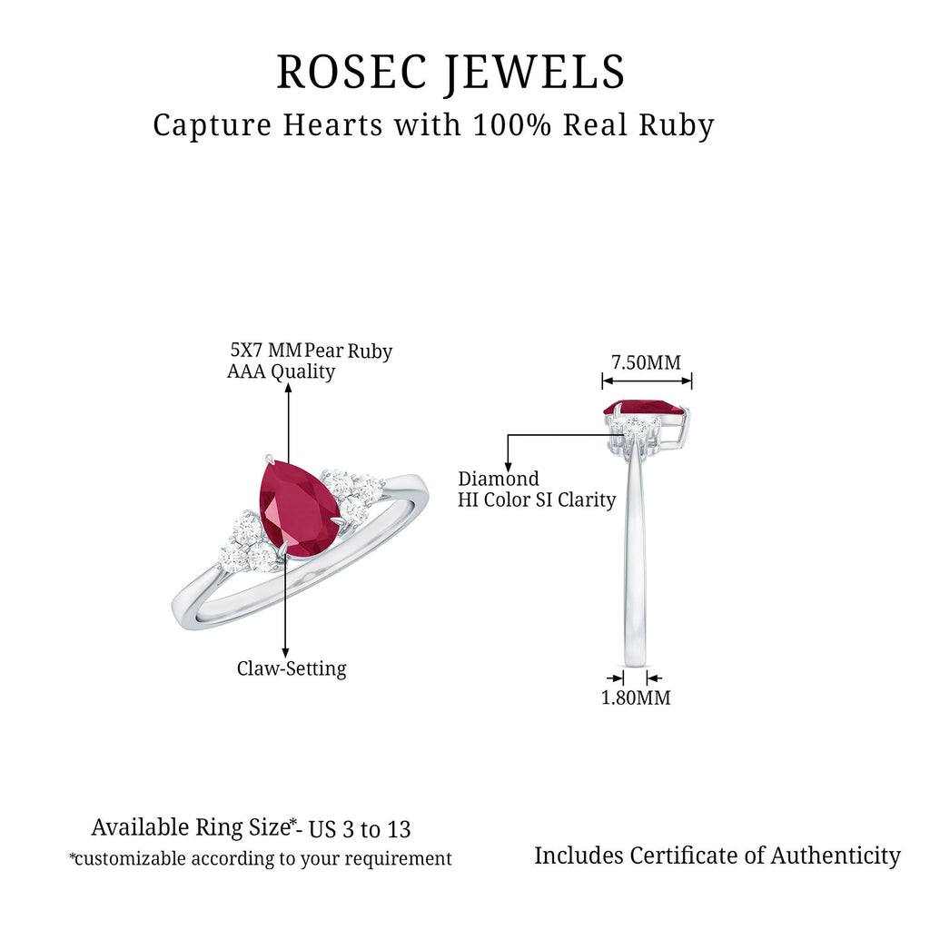 Claw Set Pear Cut Ruby Engagement Ring with Diamond Trio