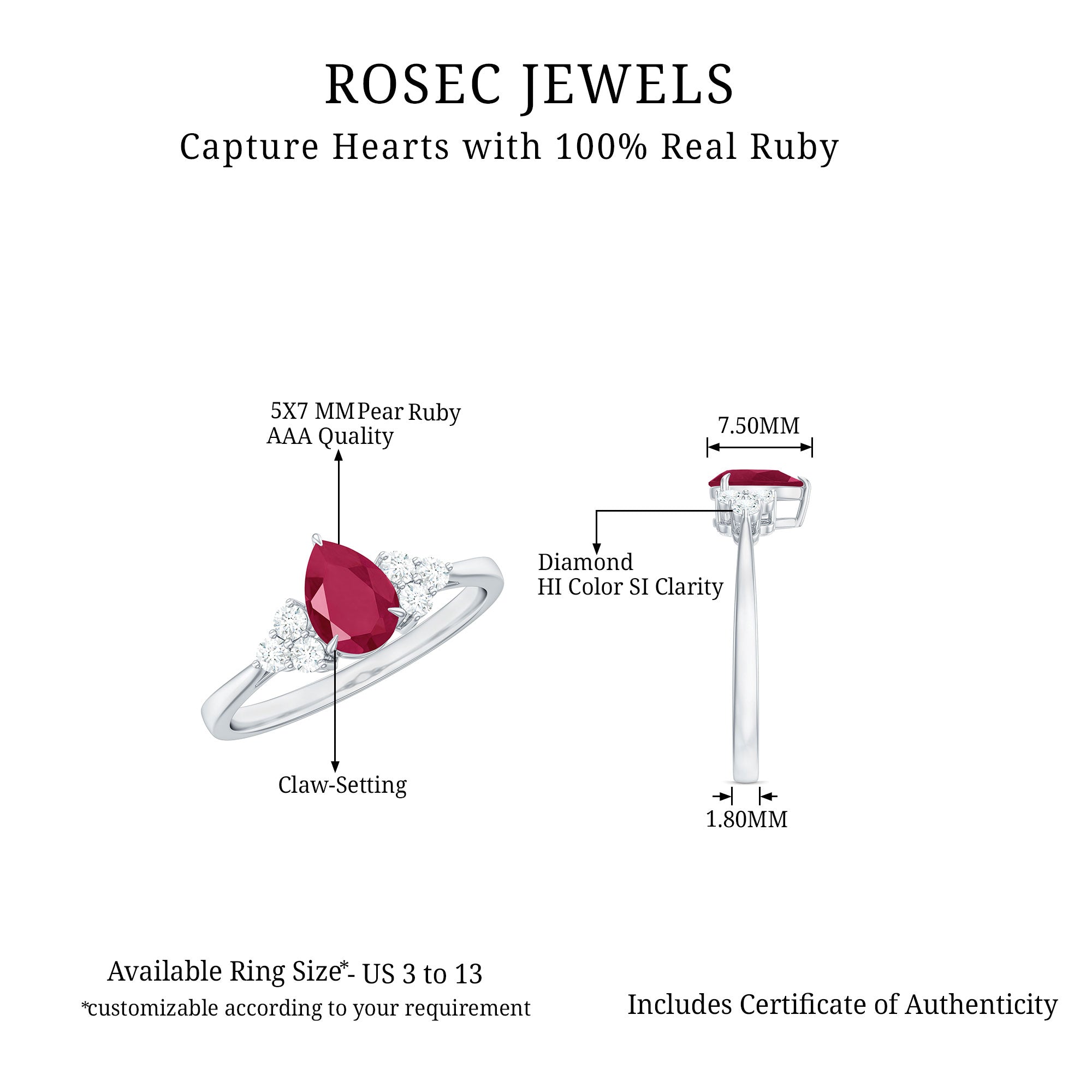 Claw Set Pear Cut Ruby Engagement Ring with Diamond Trio