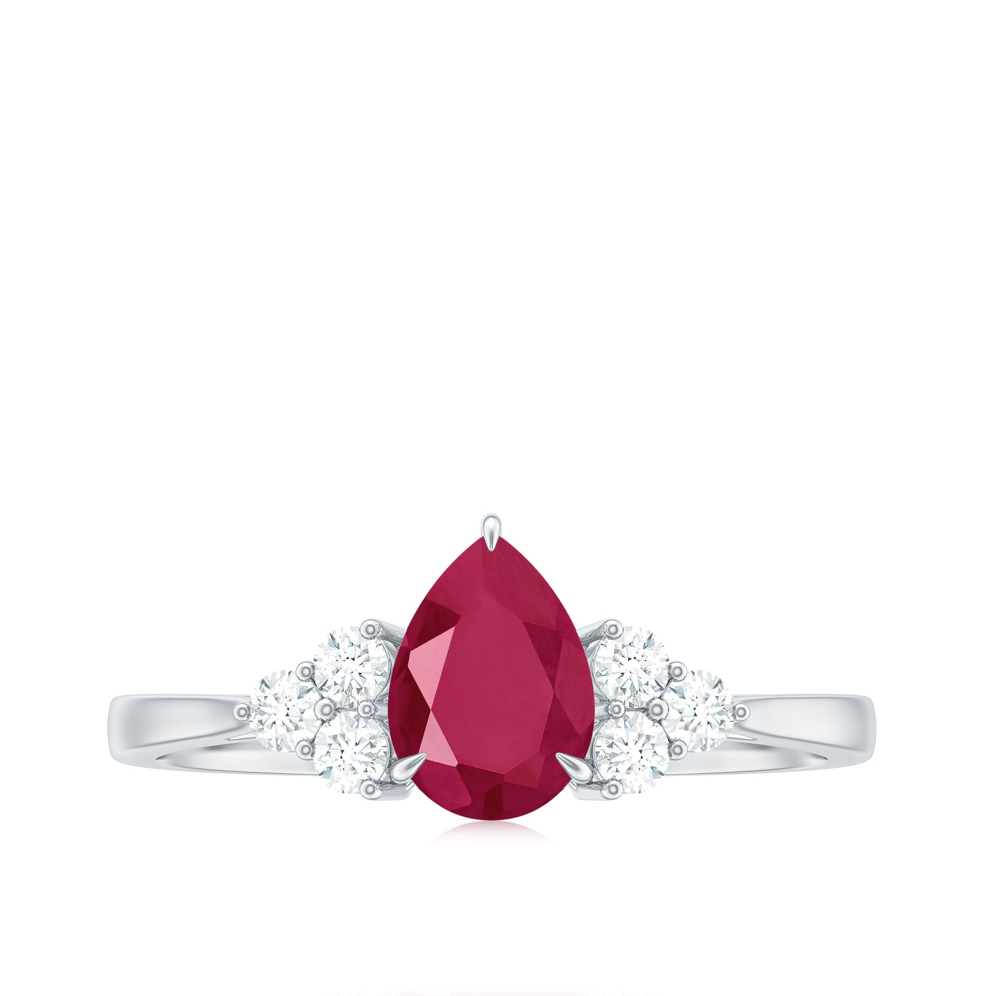 Claw Set Pear Cut Ruby Engagement Ring with Diamond Trio