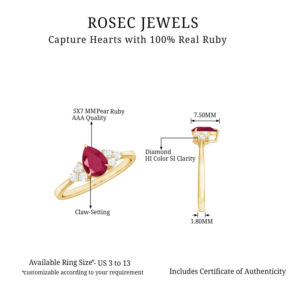Claw Set Pear Cut Ruby Engagement Ring with Diamond Trio