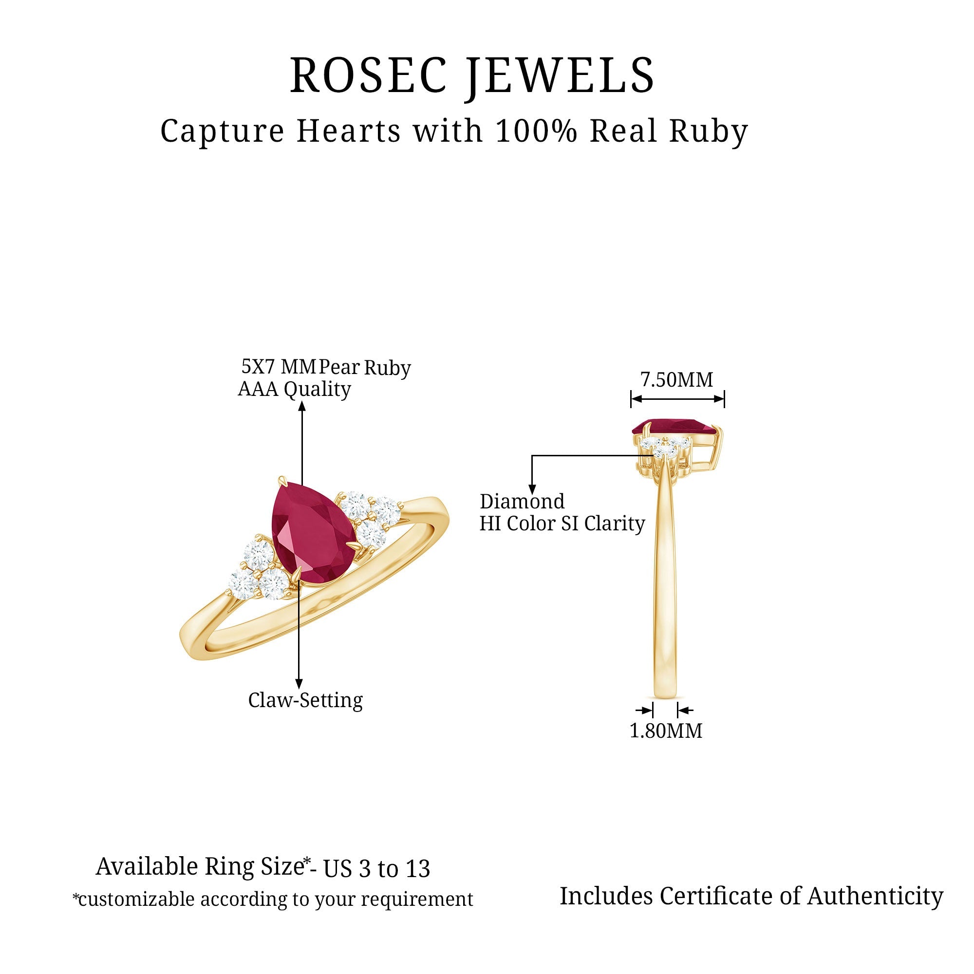 Claw Set Pear Cut Ruby Engagement Ring with Diamond Trio
