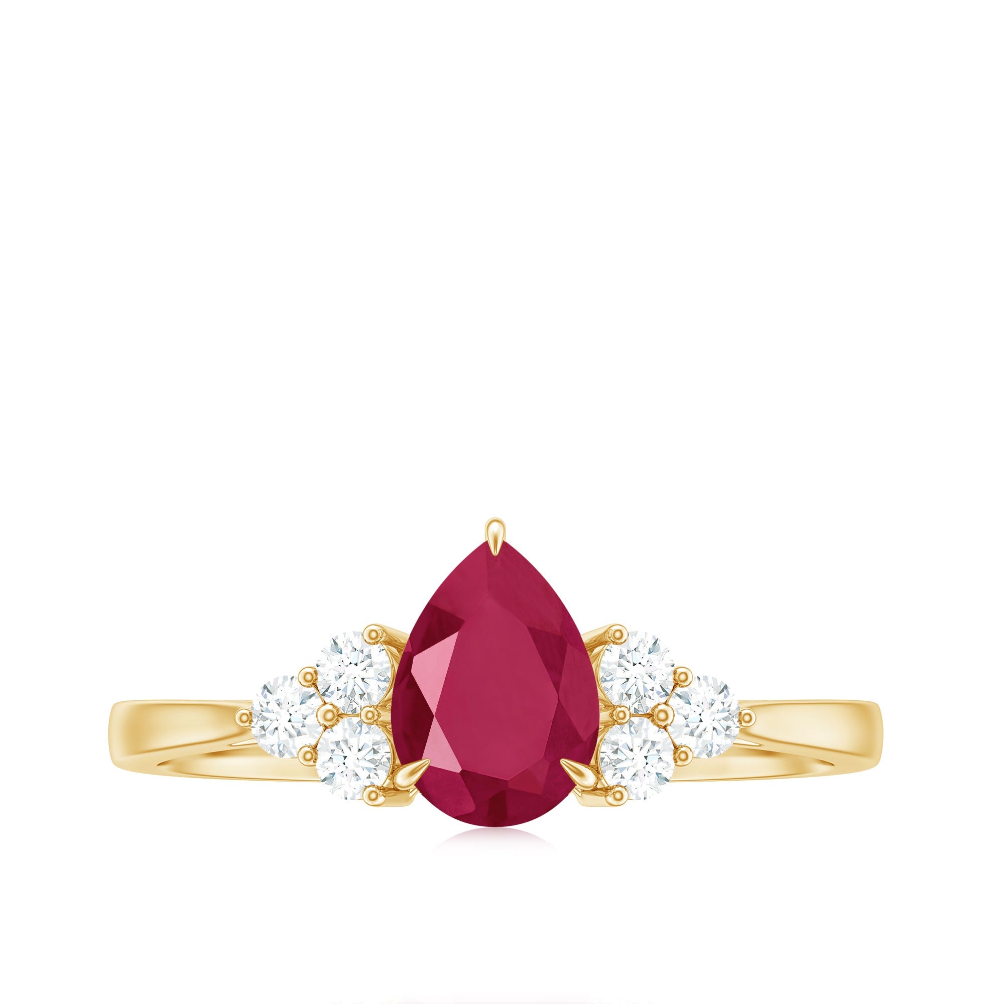 Claw Set Pear Cut Ruby Engagement Ring with Diamond Trio