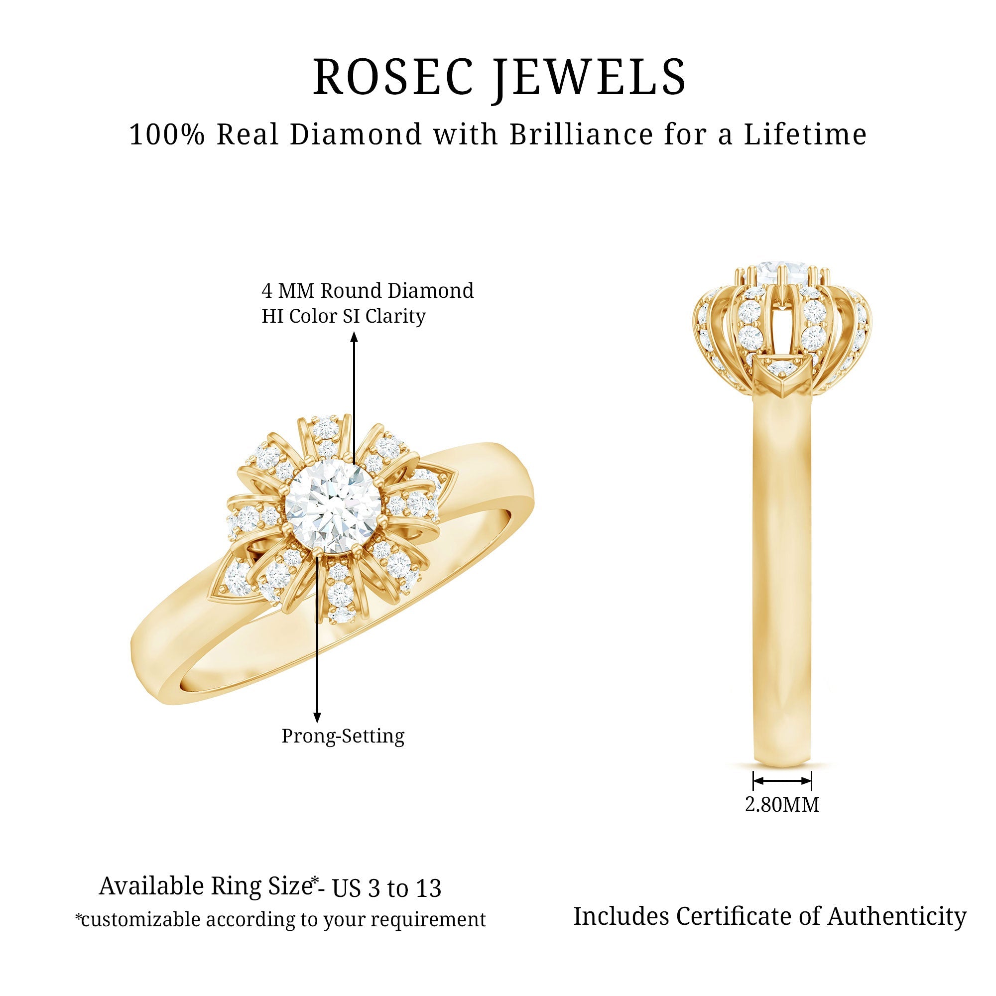 Certified Real Diamond Flower Engagement Ring for Women