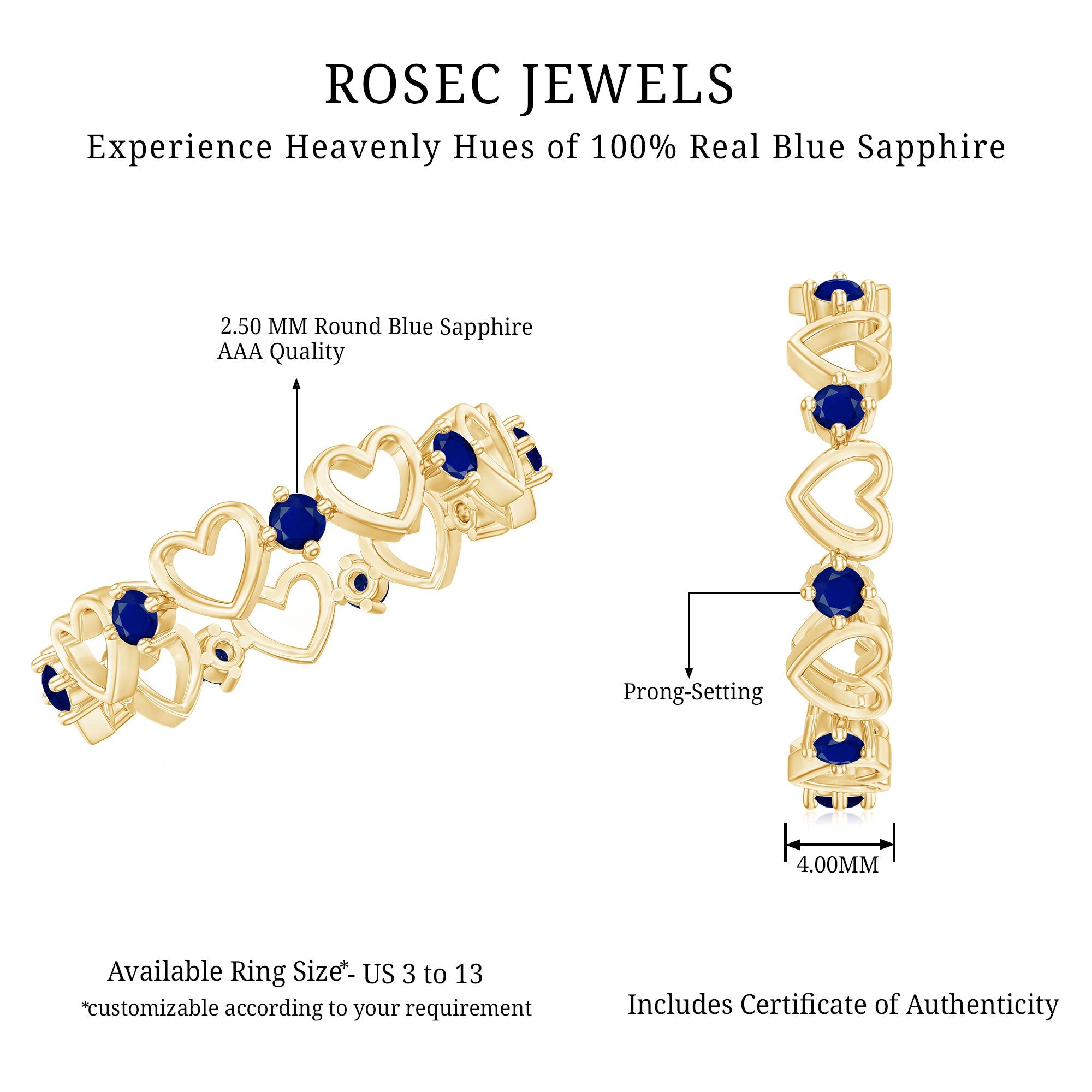 Open Gold Heart Blue Sapphire Band Ring in 2 Prong Setting