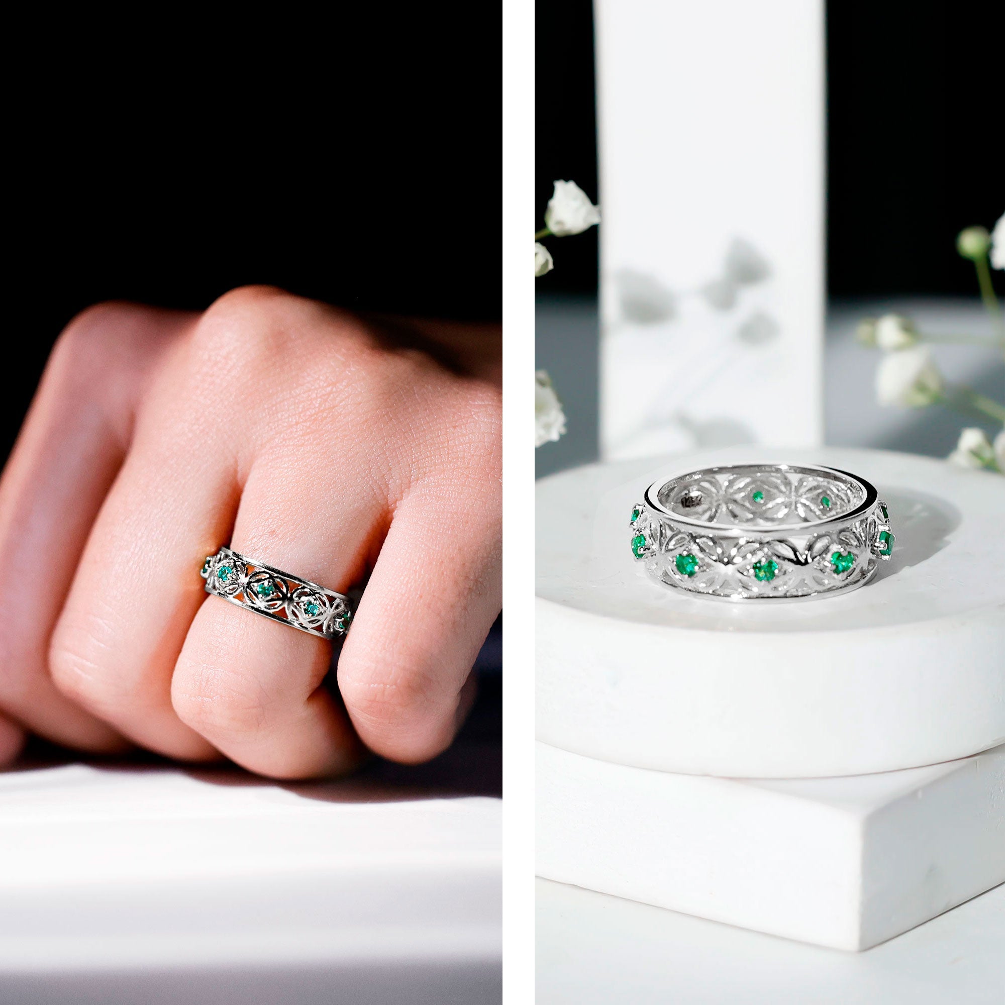 Vintage Style Lab Grown Emerald Celtic Knot Wedding Band