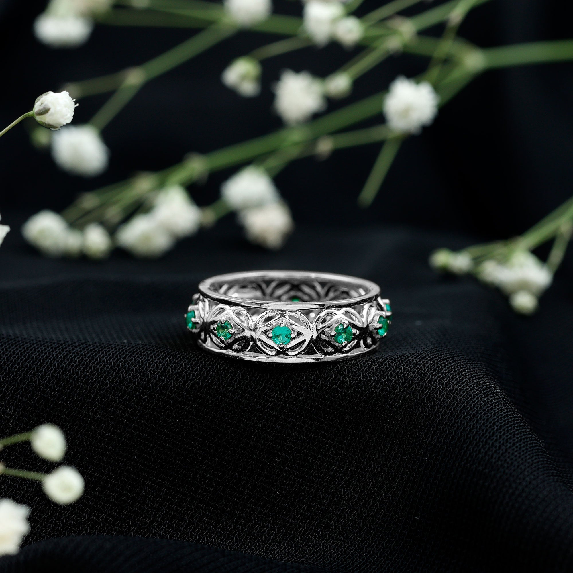 Vintage Style Lab Grown Emerald Celtic Knot Wedding Band
