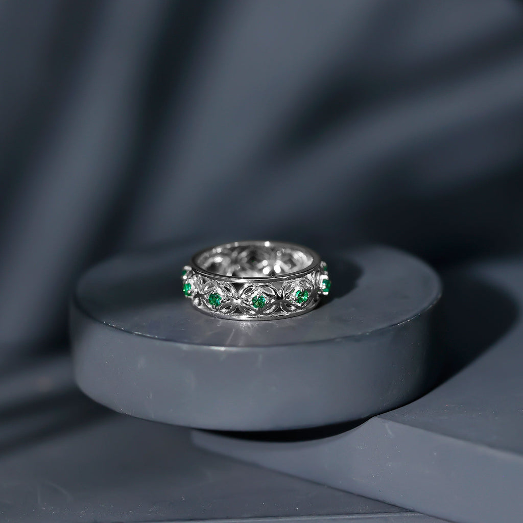 Vintage Style Lab Grown Emerald Celtic Knot Wedding Band