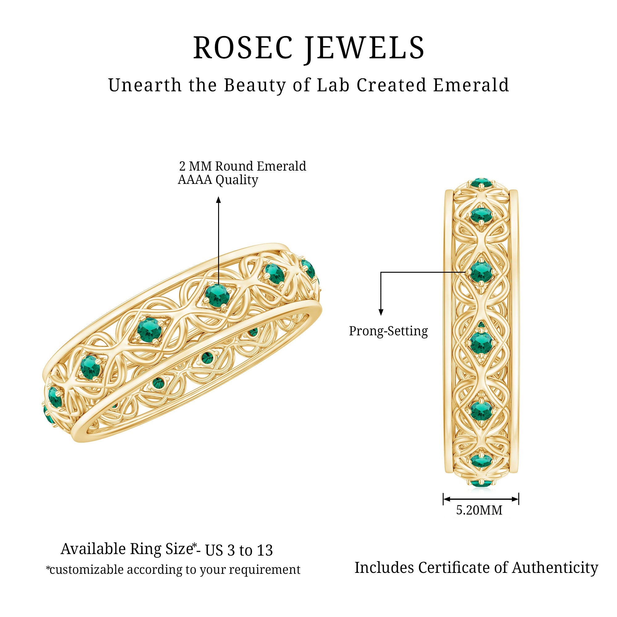 Vintage Style Lab Grown Emerald Celtic Knot Wedding Band