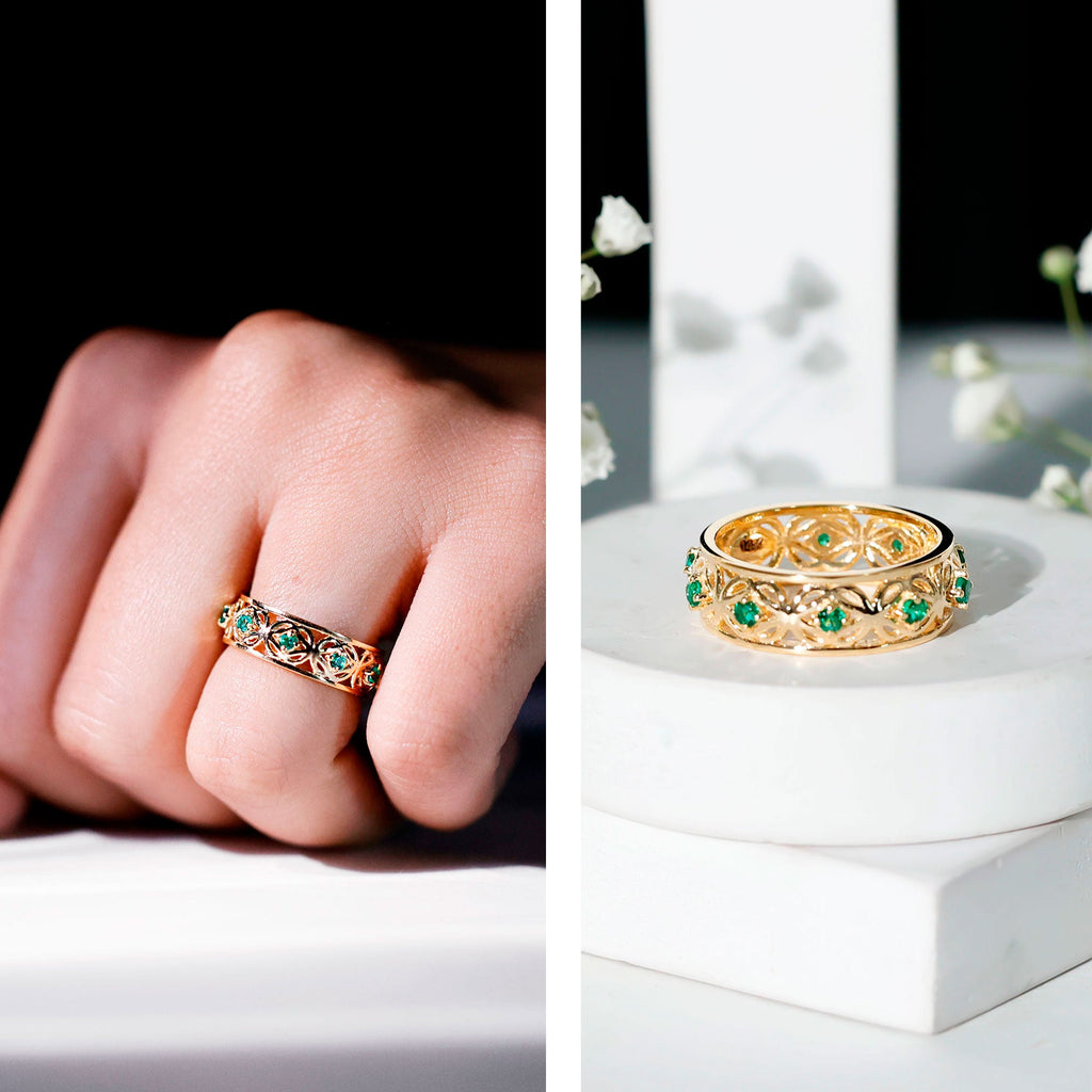 Vintage Style Lab Grown Emerald Celtic Knot Wedding Band