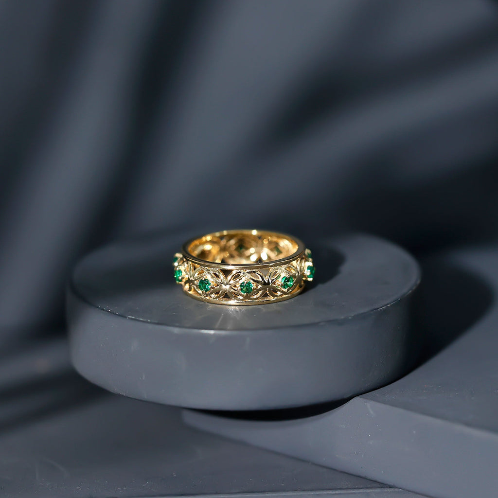 Vintage Style Lab Grown Emerald Celtic Knot Wedding Band