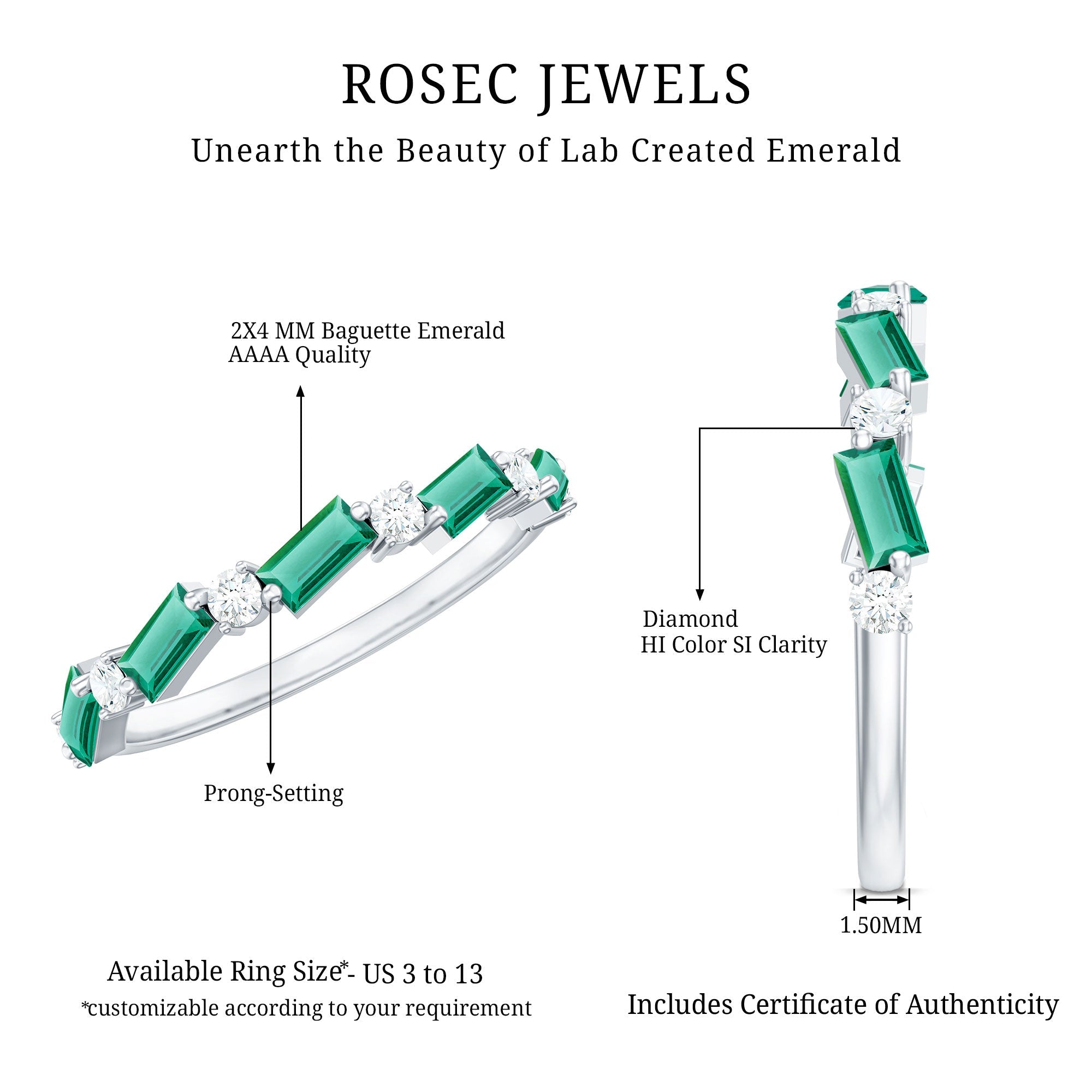 Certified Baguette Lab Grown Emerald Half Eternity Ring with Diamond