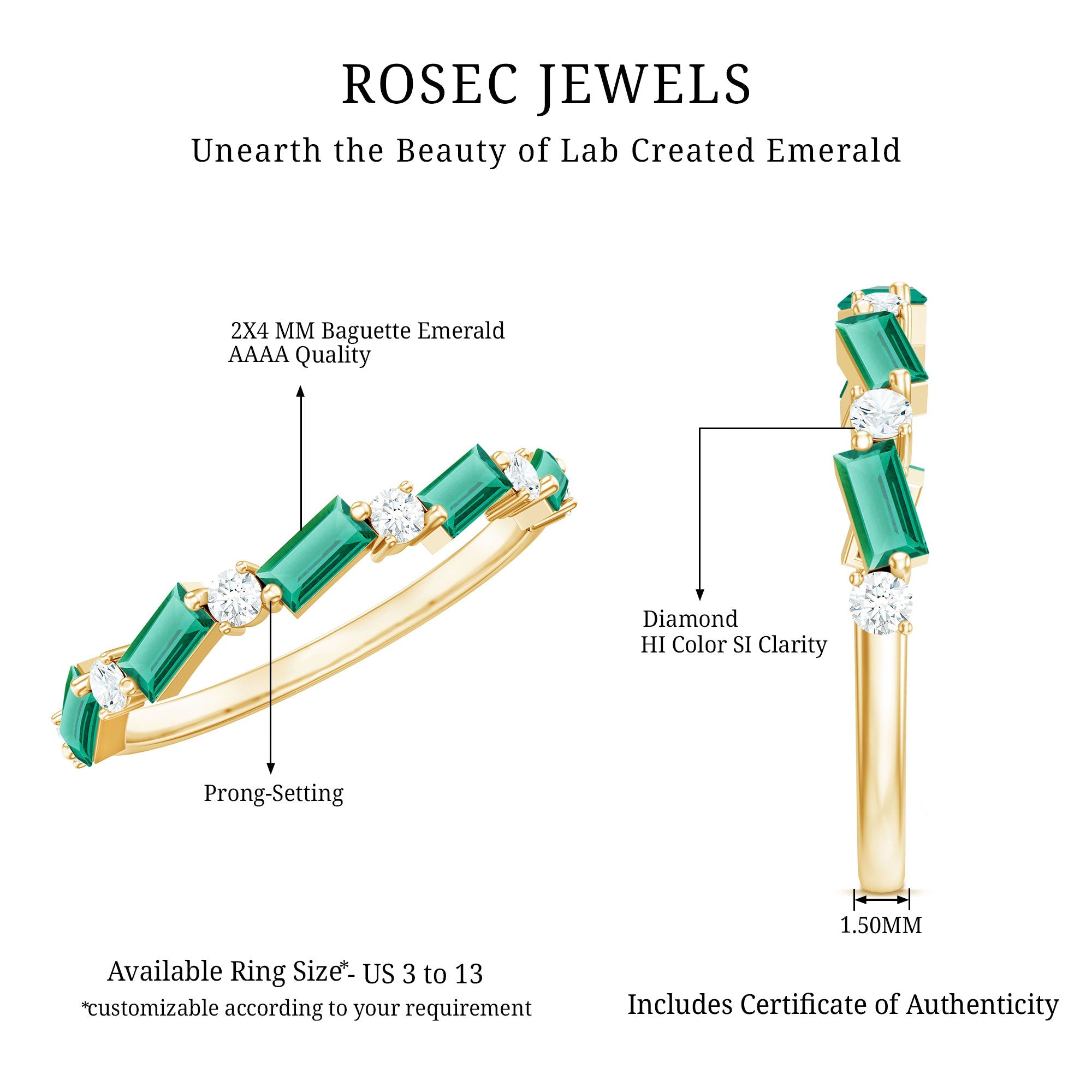 Certified Baguette Lab Grown Emerald Half Eternity Ring with Diamond