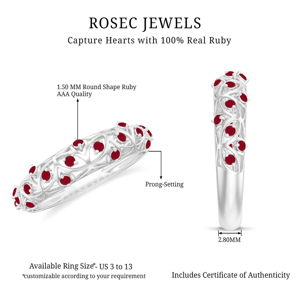 Filigree Detailed Ruby Gold Band Ring in Prong Setting