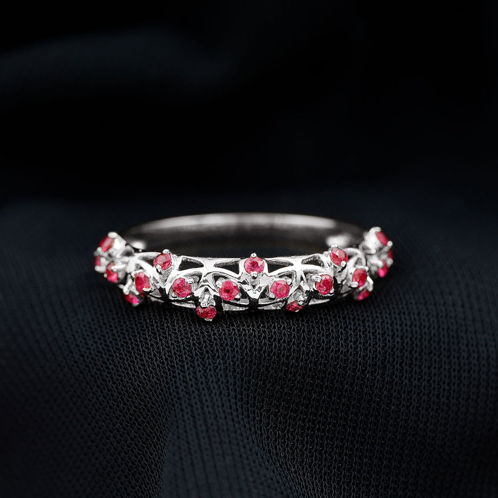 Filigree Detailed Ruby Gold Band Ring in Prong Setting