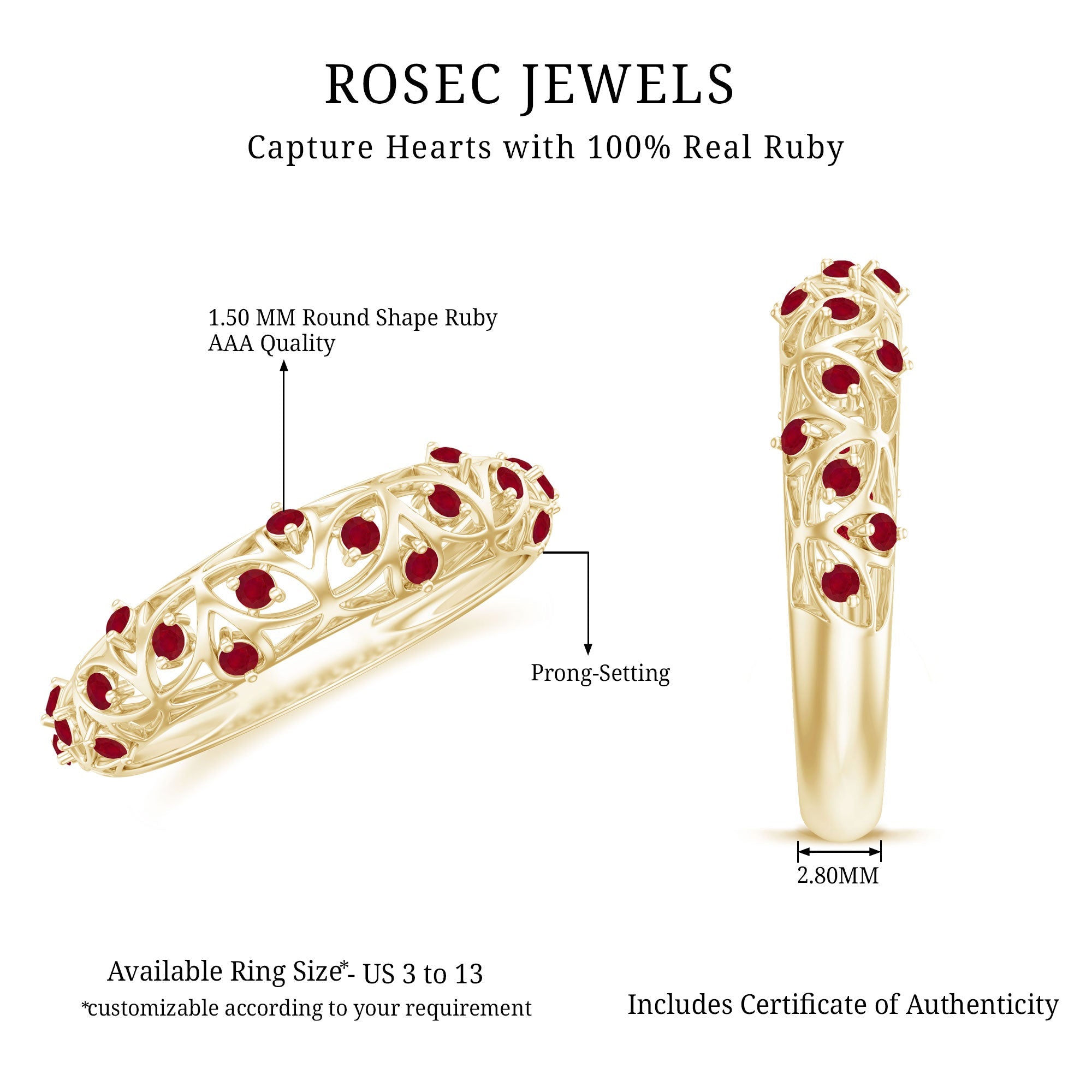 Filigree Detailed Ruby Gold Band Ring in Prong Setting