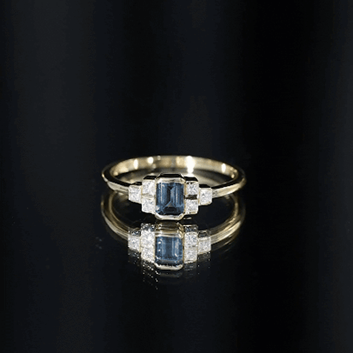 4X6mm Emerald Cut London Blue Topaz Statement Ring with Diamond