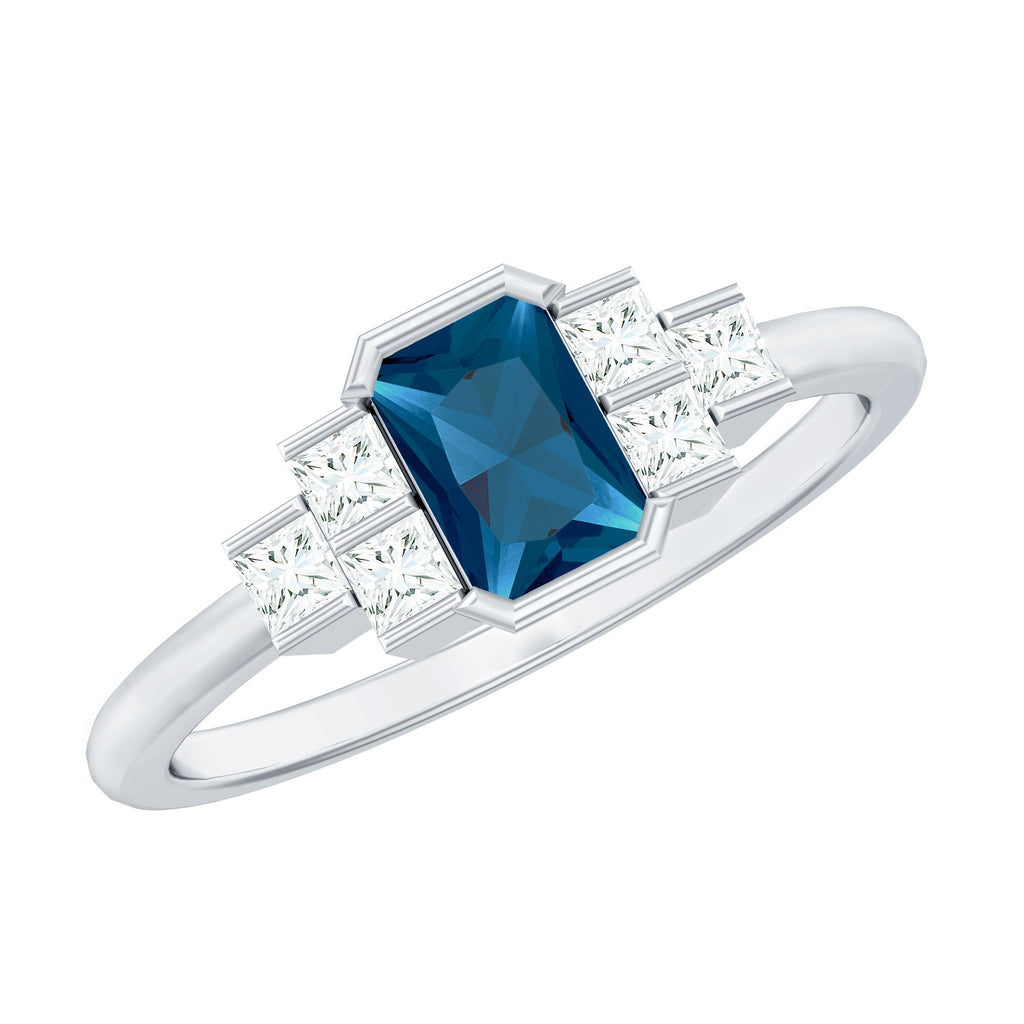 4X6mm Emerald Cut London Blue Topaz Statement Ring with Diamond