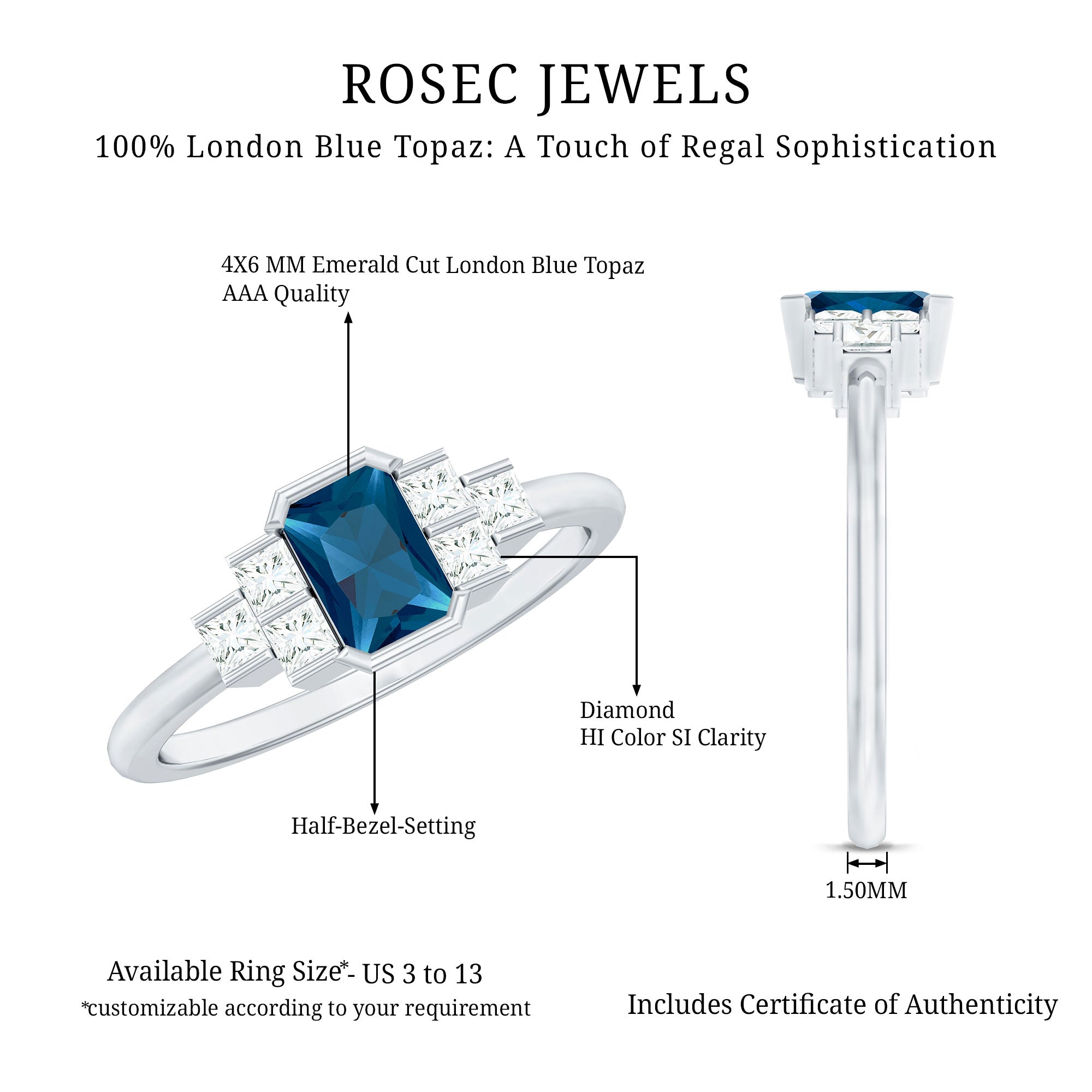 4X6mm Emerald Cut London Blue Topaz Statement Ring with Diamond