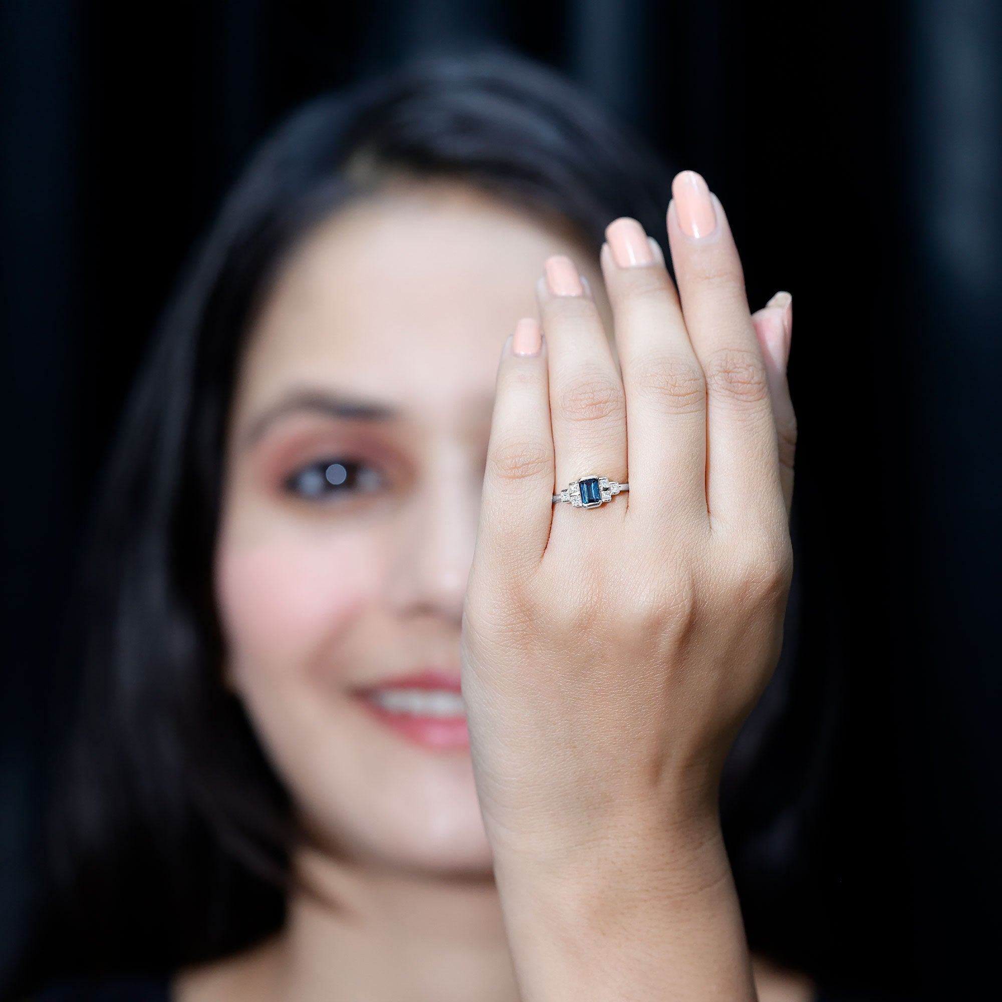 4X6mm Emerald Cut London Blue Topaz Statement Ring with Diamond