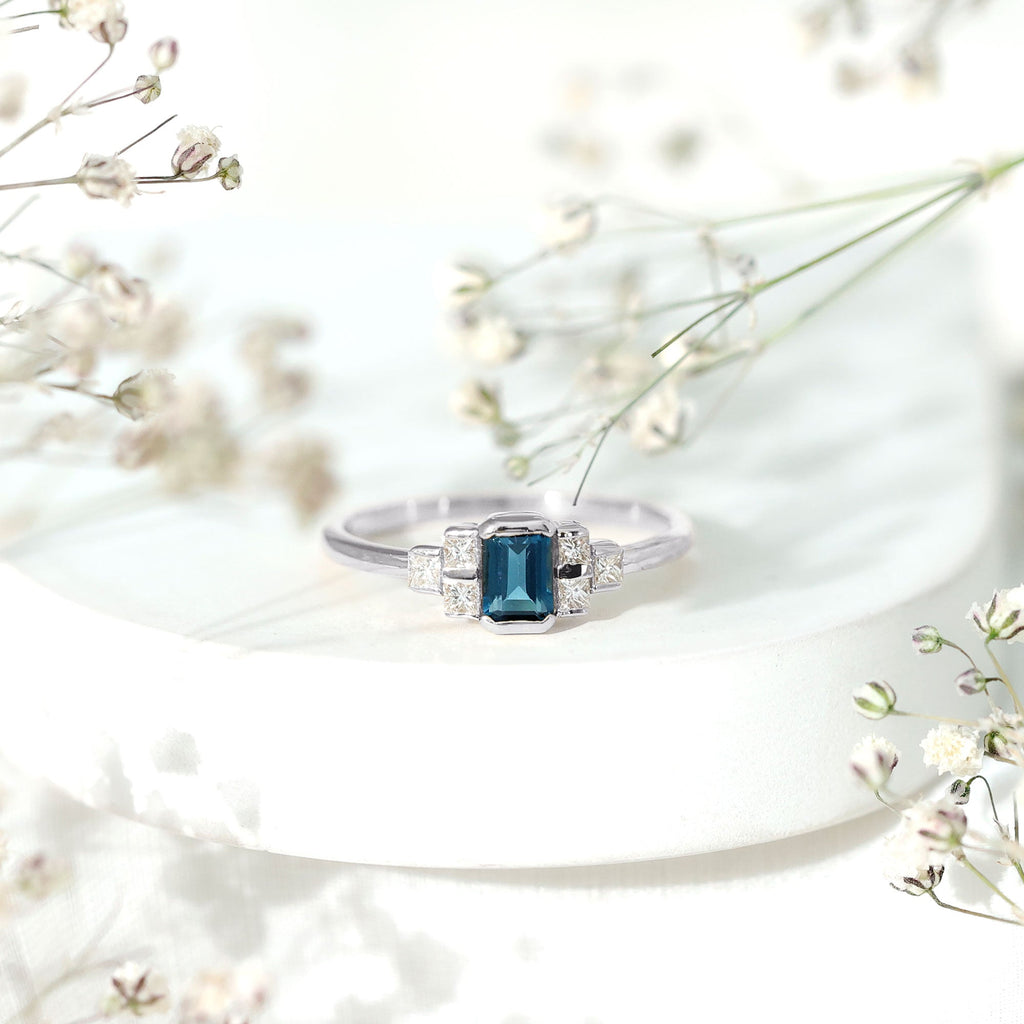 4X6mm Emerald Cut London Blue Topaz Statement Ring with Diamond