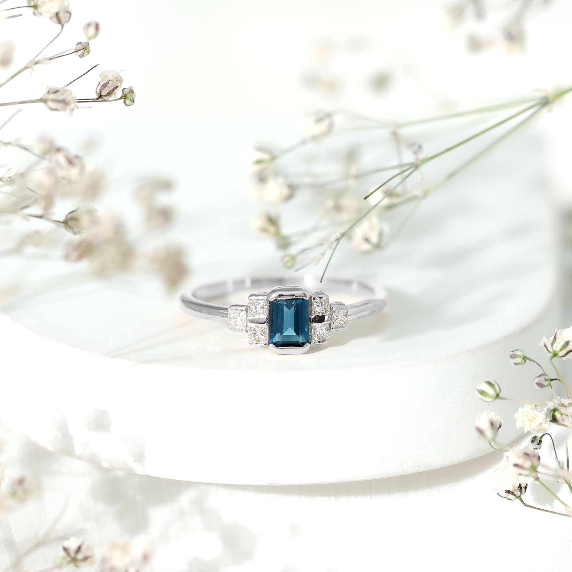 4X6mm Emerald Cut London Blue Topaz Statement Ring with Diamond