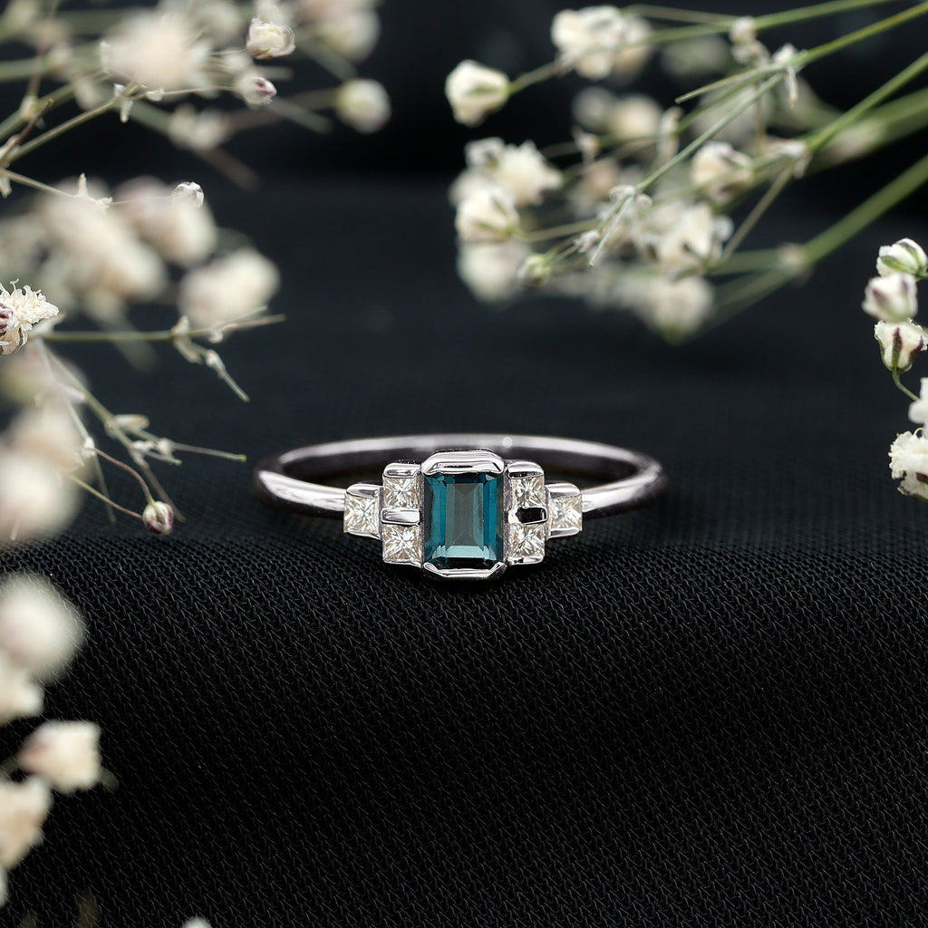 4X6mm Emerald Cut London Blue Topaz Statement Ring with Diamond