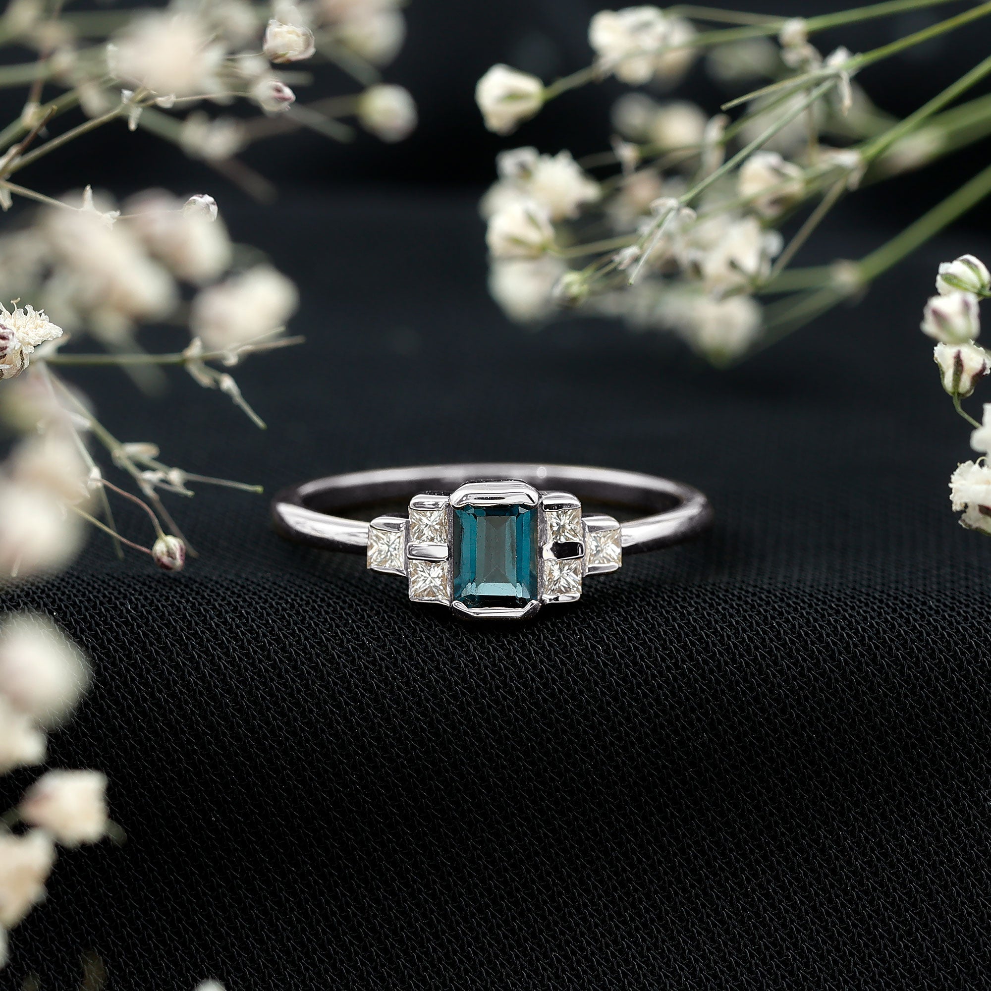 4X6mm Emerald Cut London Blue Topaz Statement Ring with Diamond