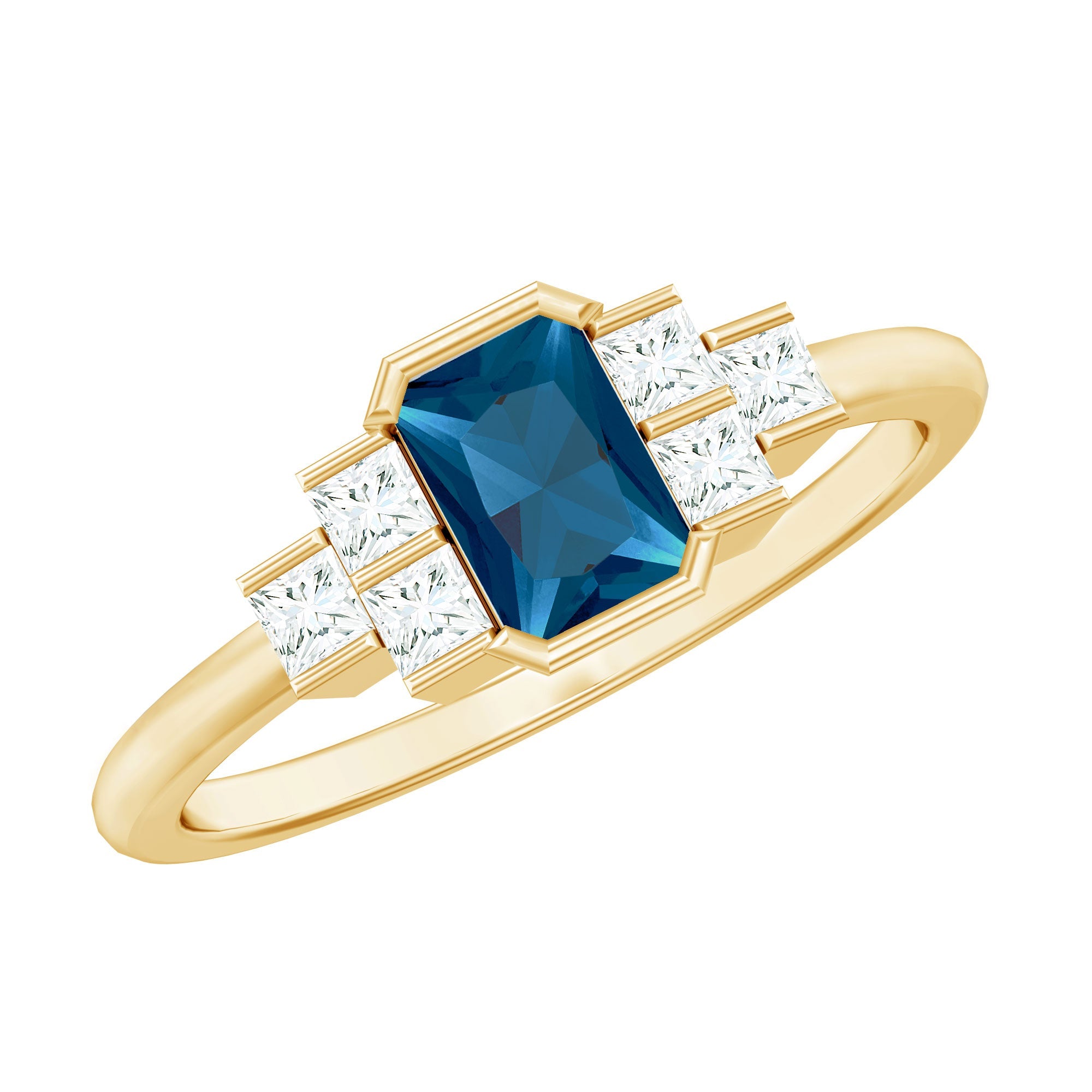 4X6mm Emerald Cut London Blue Topaz Statement Ring with Diamond