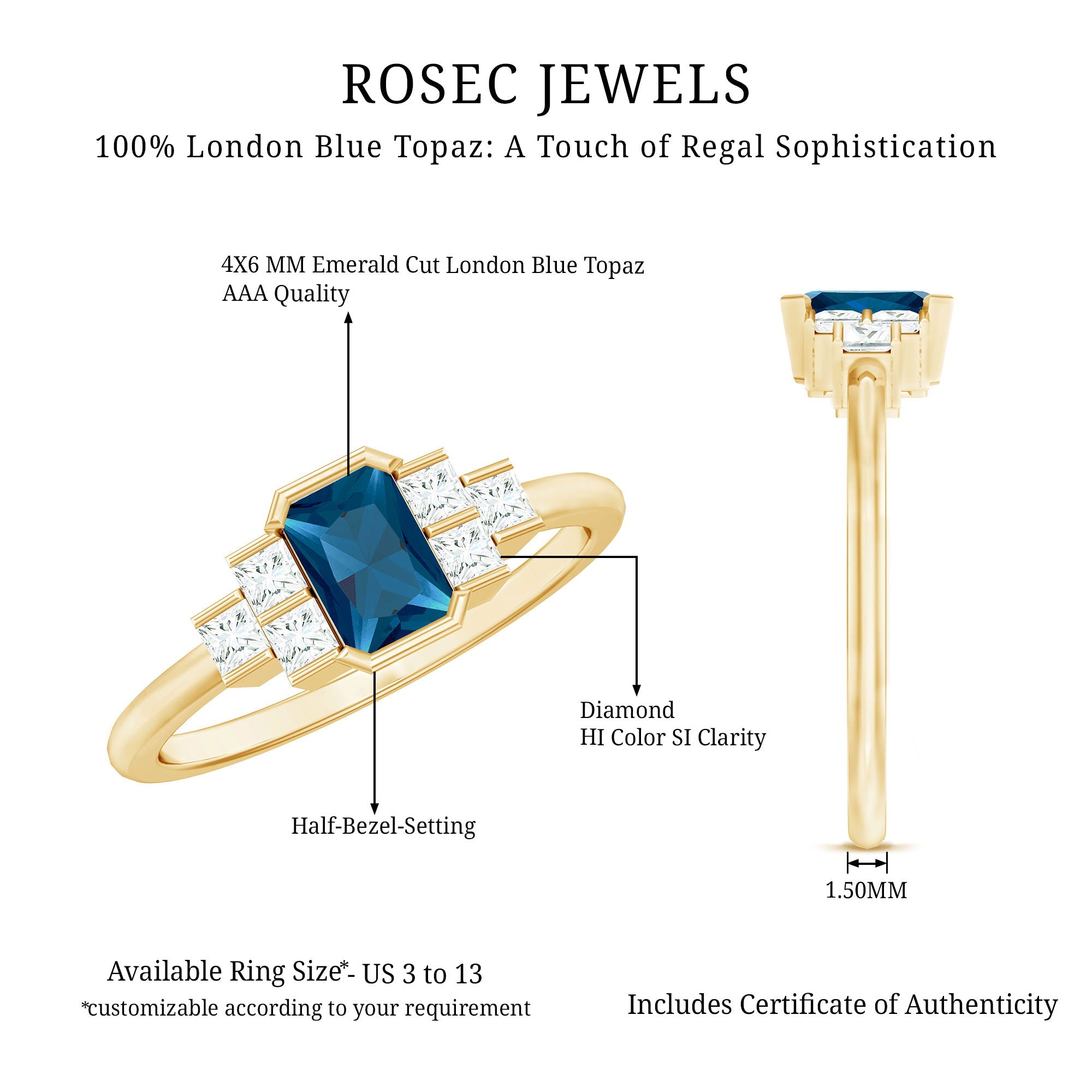 4X6mm Emerald Cut London Blue Topaz Statement Ring with Diamond