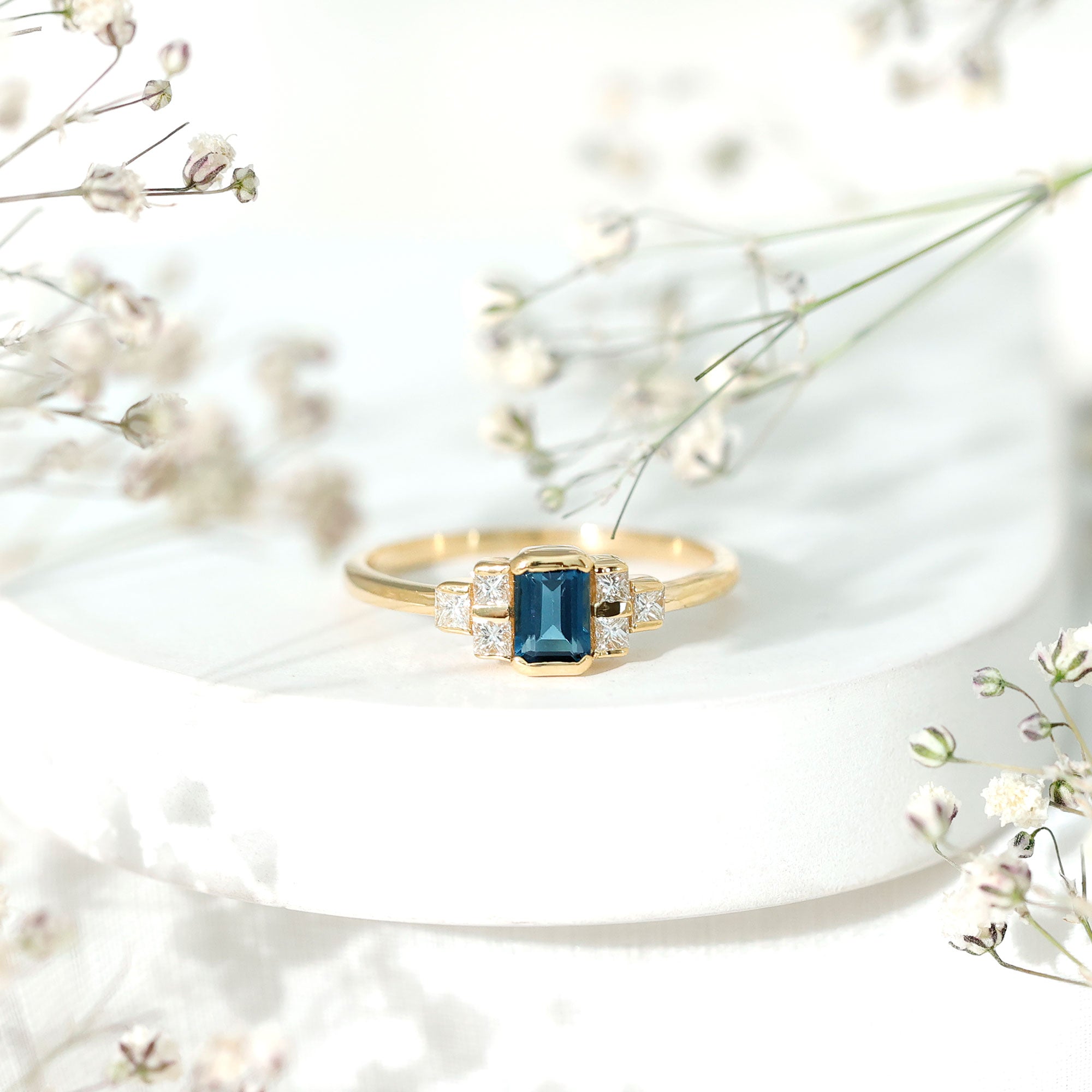 4X6mm Emerald Cut London Blue Topaz Statement Ring with Diamond