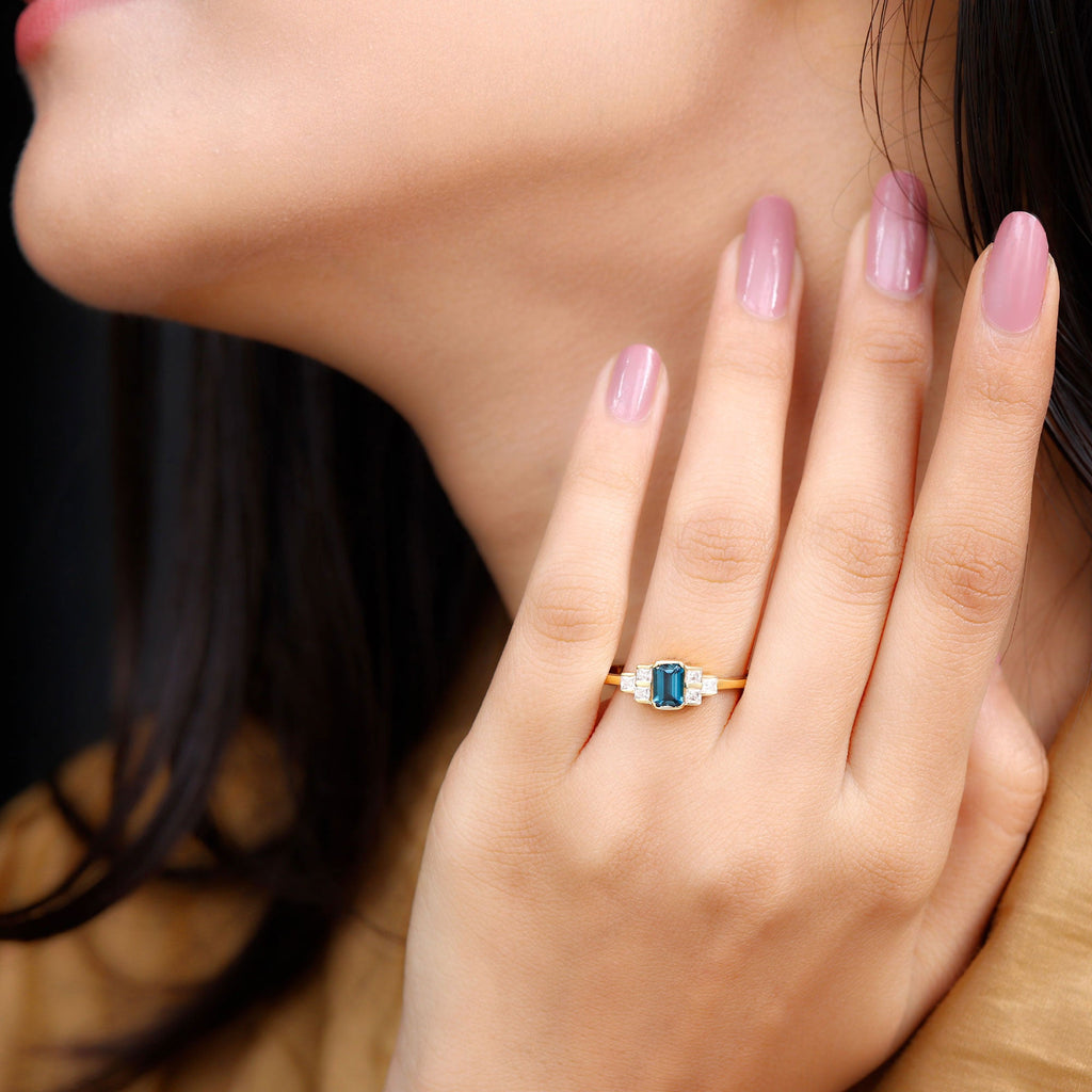 4X6mm Emerald Cut London Blue Topaz Statement Ring with Diamond