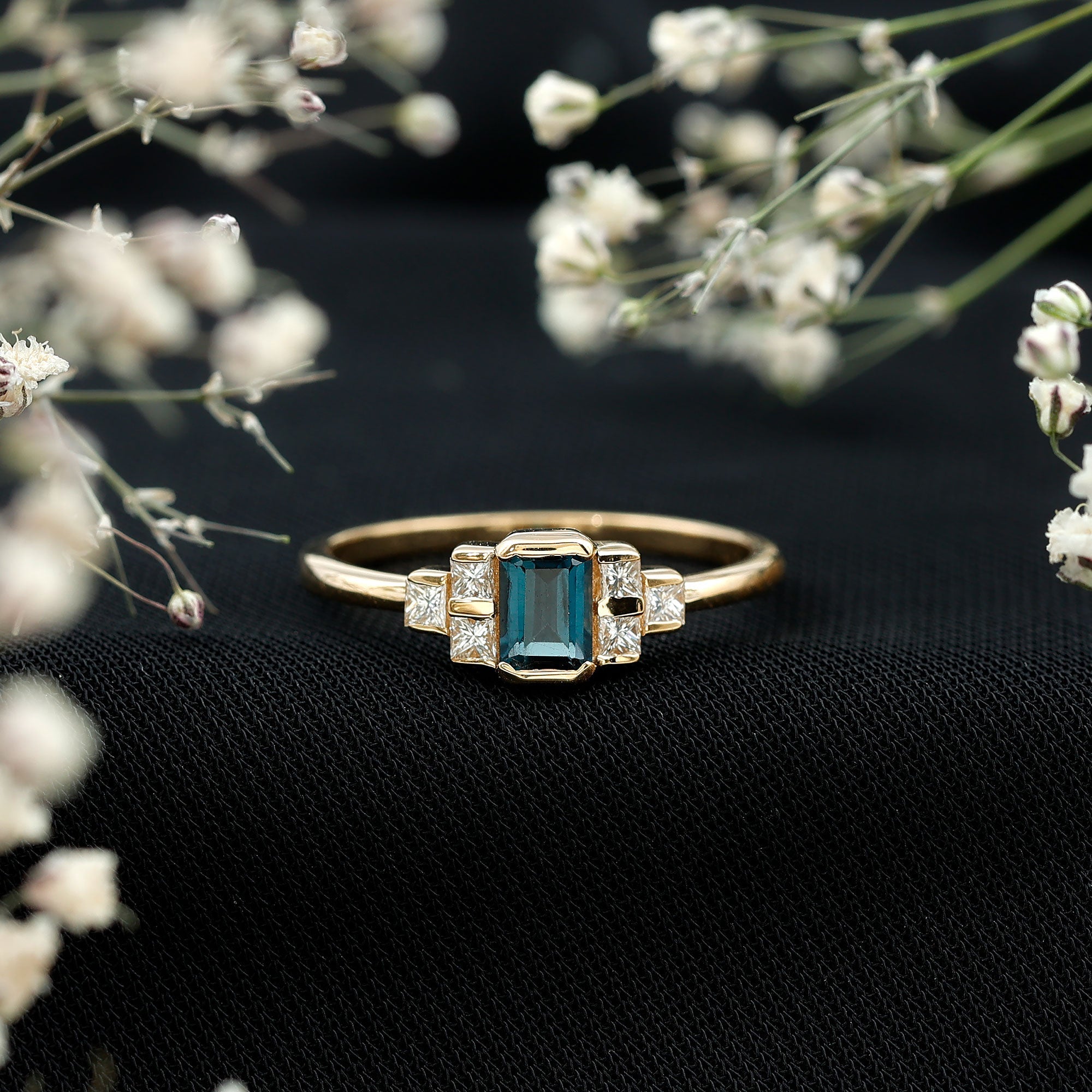 4X6mm Emerald Cut London Blue Topaz Statement Ring with Diamond