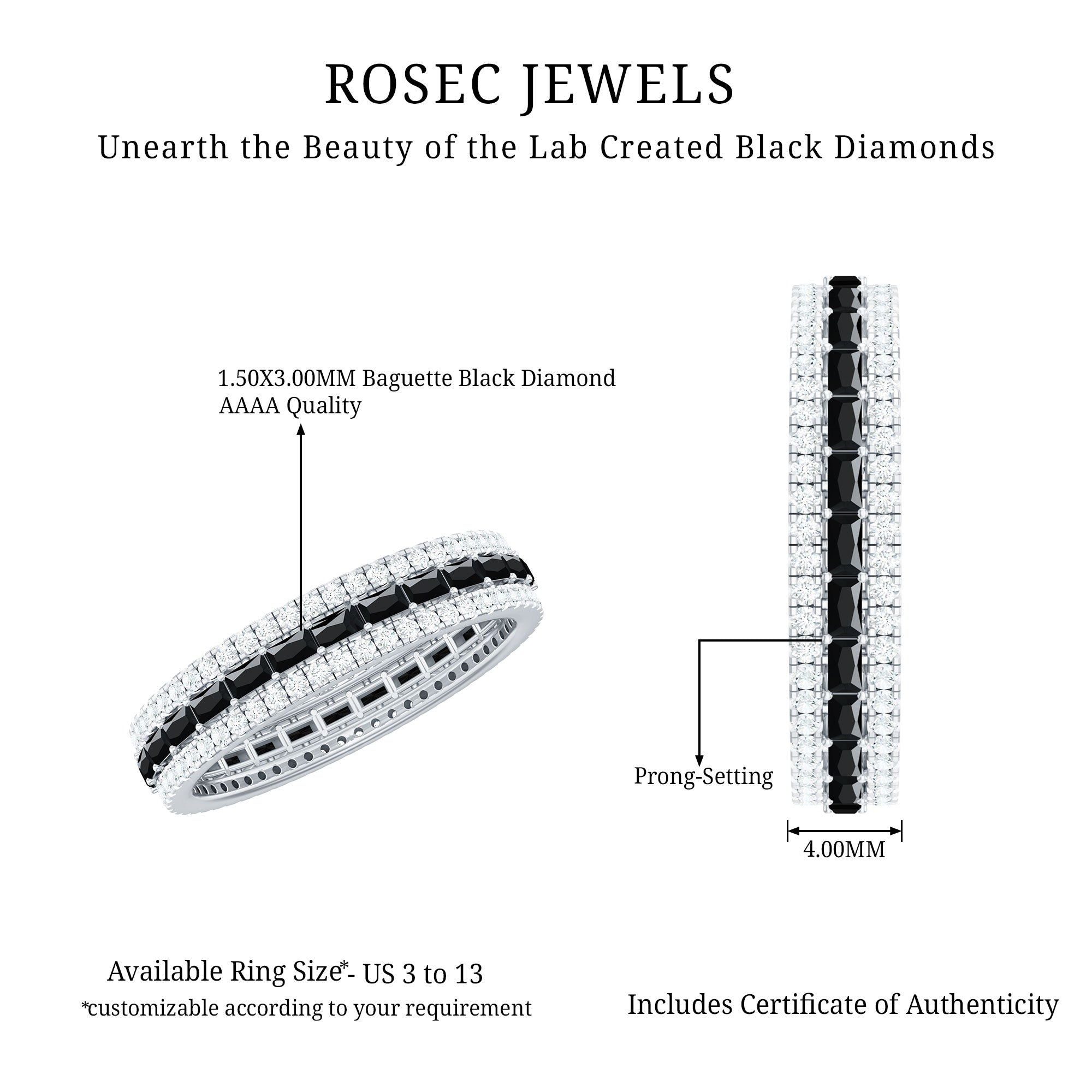 Lab Grown Black Diamond and Moissanite Three Row Wedding Band