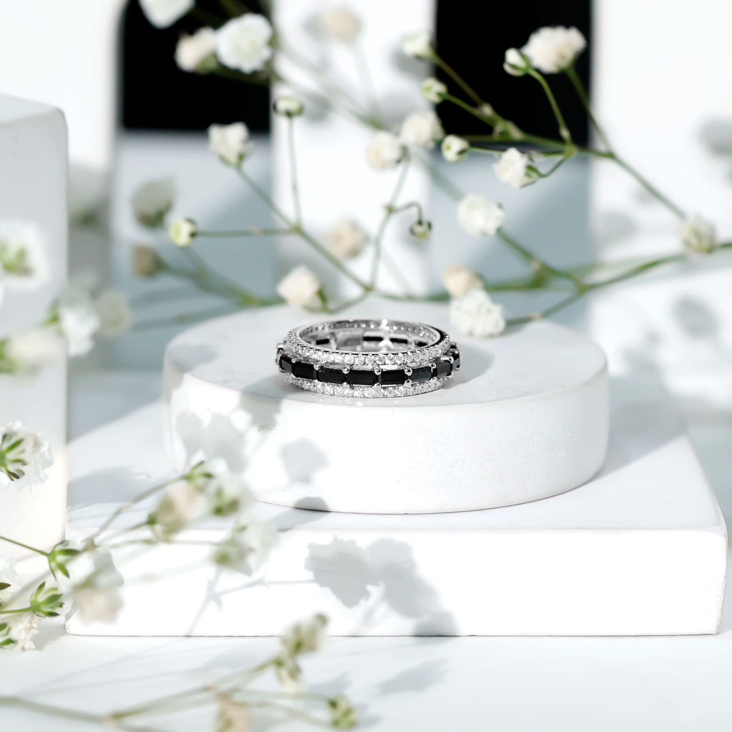 Lab Grown Black Diamond and Moissanite Three Row Wedding Band